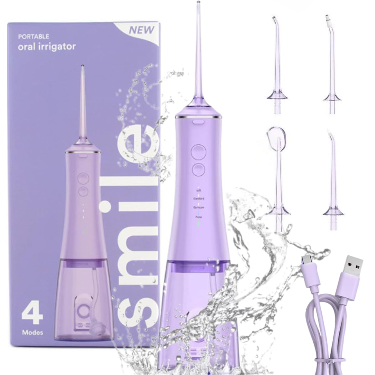 Water Flosser | Elektrische Flosser | Tragbare Irrigator | Wiederaufladbare Irrigator | Zahnarzt zugelassen | 60-Tage-Akku | USB-C-Ladung | 4 Modi | 3 Farben zur Auswahl (lila, Einheitsgröße