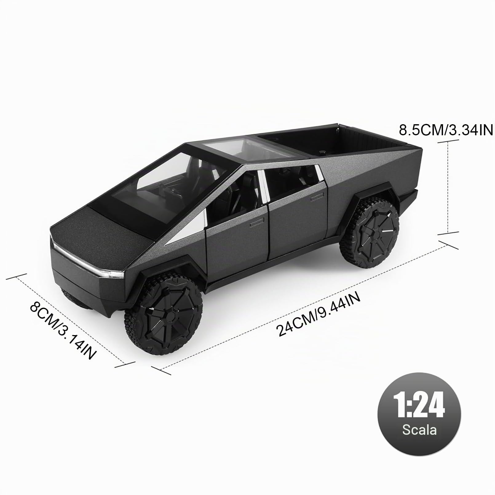 Tesla Truck Modellino Auto 1:24 Camion Giocattolo in Metallo Pressofuso con Luce e Suono, Mini Veicolo Giocattolo per Ragazzi dai 3 Anni in su (Nero)