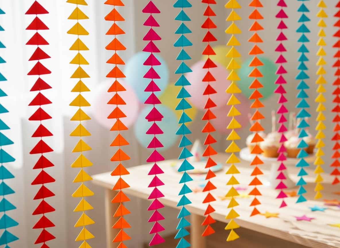 iHandikart Set of 10 Decorative Triangle Hanging Strings (4.5 Feet Each) – Multicolor Fabric Wall Hangings for Haldi, Mehendi, Wedding Backdrops, Pooja Room Decor, Festivals & Party Backdrop-picture-19