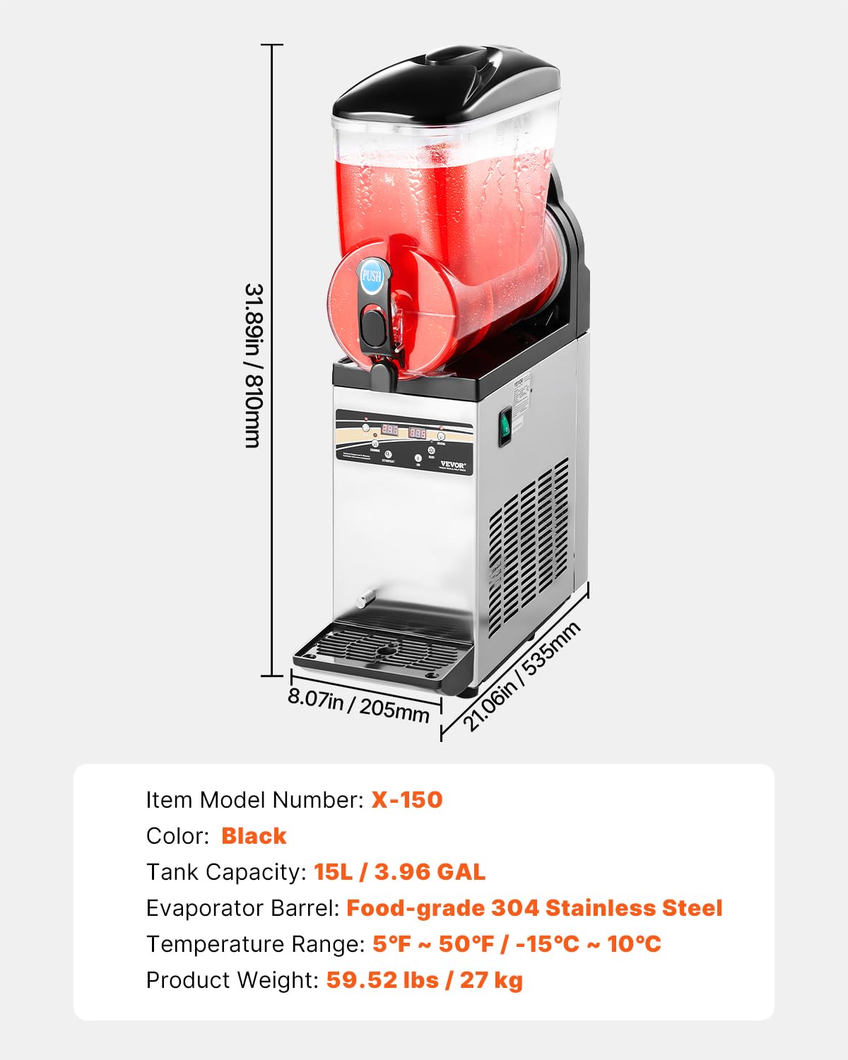 VEVOR kommerzieller Frozen Drink Maker, 15 L Slush-Maschine 60 Tassen Margarita-Smoothie-Maschine aus Edelstahl, Slush-Maker für Zuhause Partys Restaurants Cafés Bars