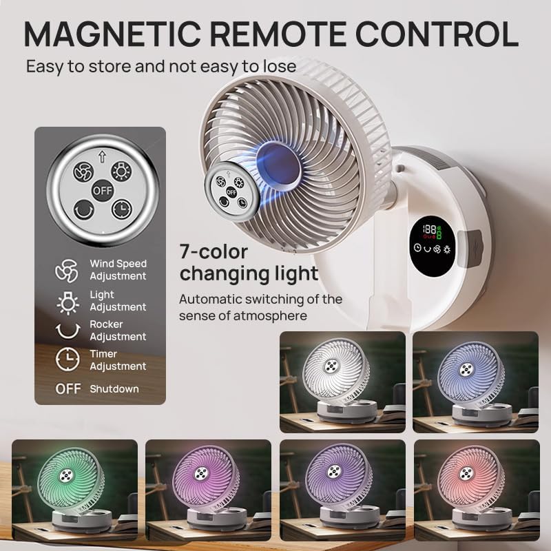 Miniatura 7 de Ventilador portátil de 8 pulgadas, funciona con pilas, ventilador recargable oscilante con 20000 mAh, luces LED de control remoto, tiempo de
