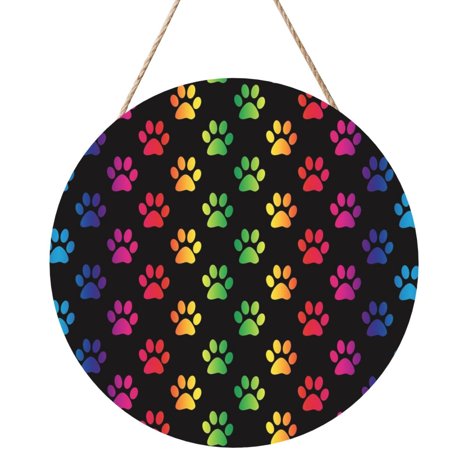 InOmak Rainbow Colorful Dog Paw, Round Wood Panel Painting 12 in, Wall Hanging Painting For Home