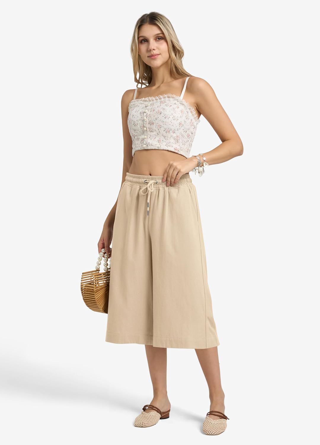 Linen Capri Pants for Women Elastic Waist Drawstrings Casual Wide Leg Linen Pants Women with Pockets - Image 5