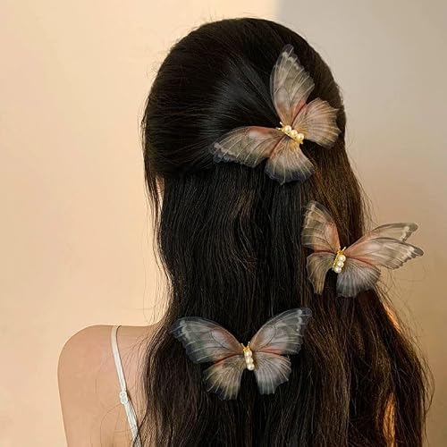 3pcs Boho Big Pearl Green Butterfly Hair Barrette 3D Moving Wings Hair Clips Pins Strong Hold Fairy Hairpin Accessories for Women， Big 10cm