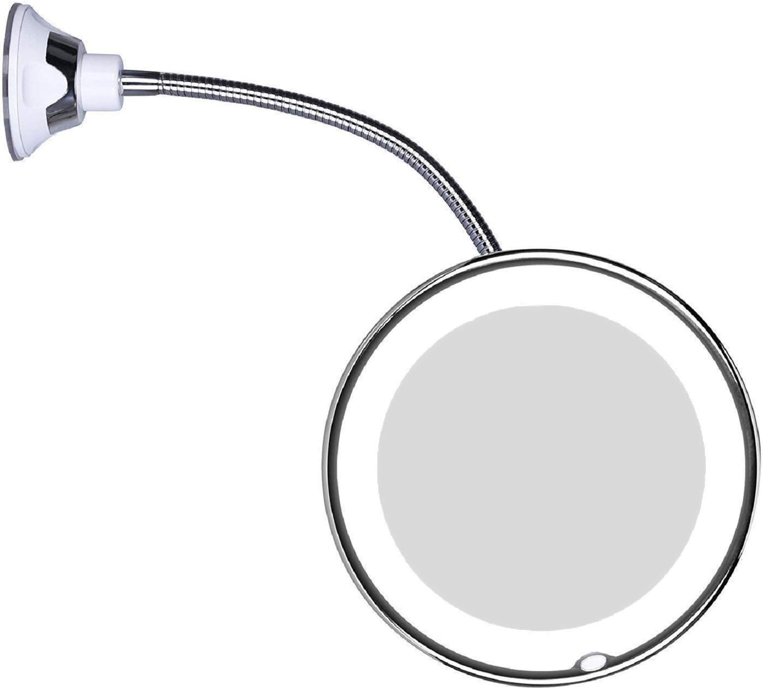 JiBen Flexible Gooseneck LED Lighted 10X Magnifying Makeup Mirror with Power Locking Suction Cup and 360 Degree Swivel, Portable Cordless Travel and Home Bathroom Vanity Mirror