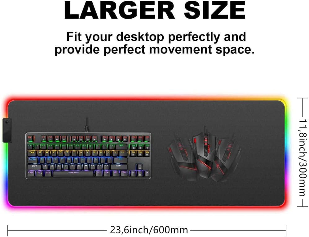 Gaming Mouse Pads RGB Mouse Pad White Extended Led Gaming Mouse Mat with USB Port 14 Lighting Modes Non Slip Rubber Base Keyboard Pads Gamer 23.6X11.8Inch, Large