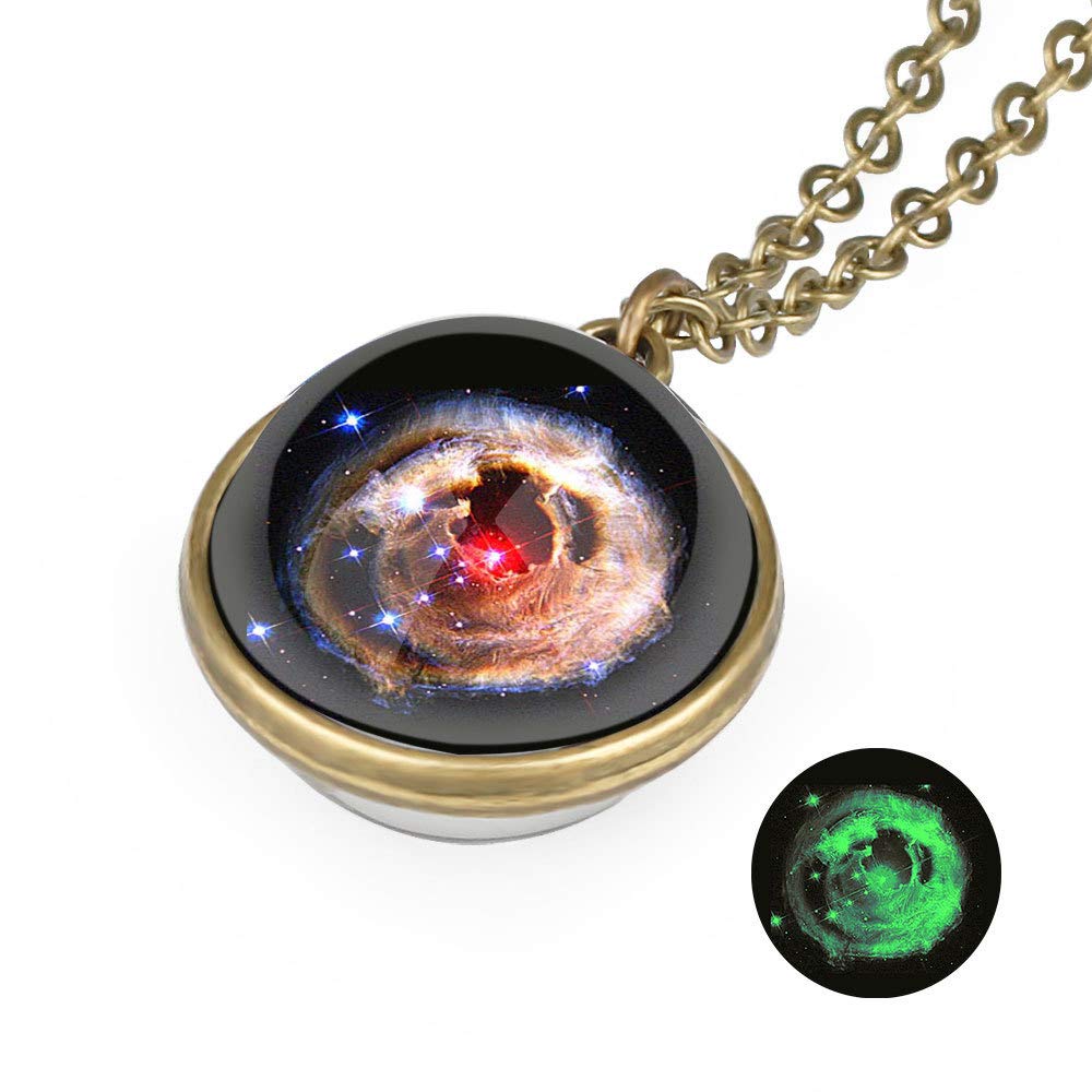 Unisex Luminous Starry Sky Fantasy Galaxy Pendant Necklace Two Sides Art Picture Cabochon Astronomy Solar System Star Beautiful Necklace Lover Gift