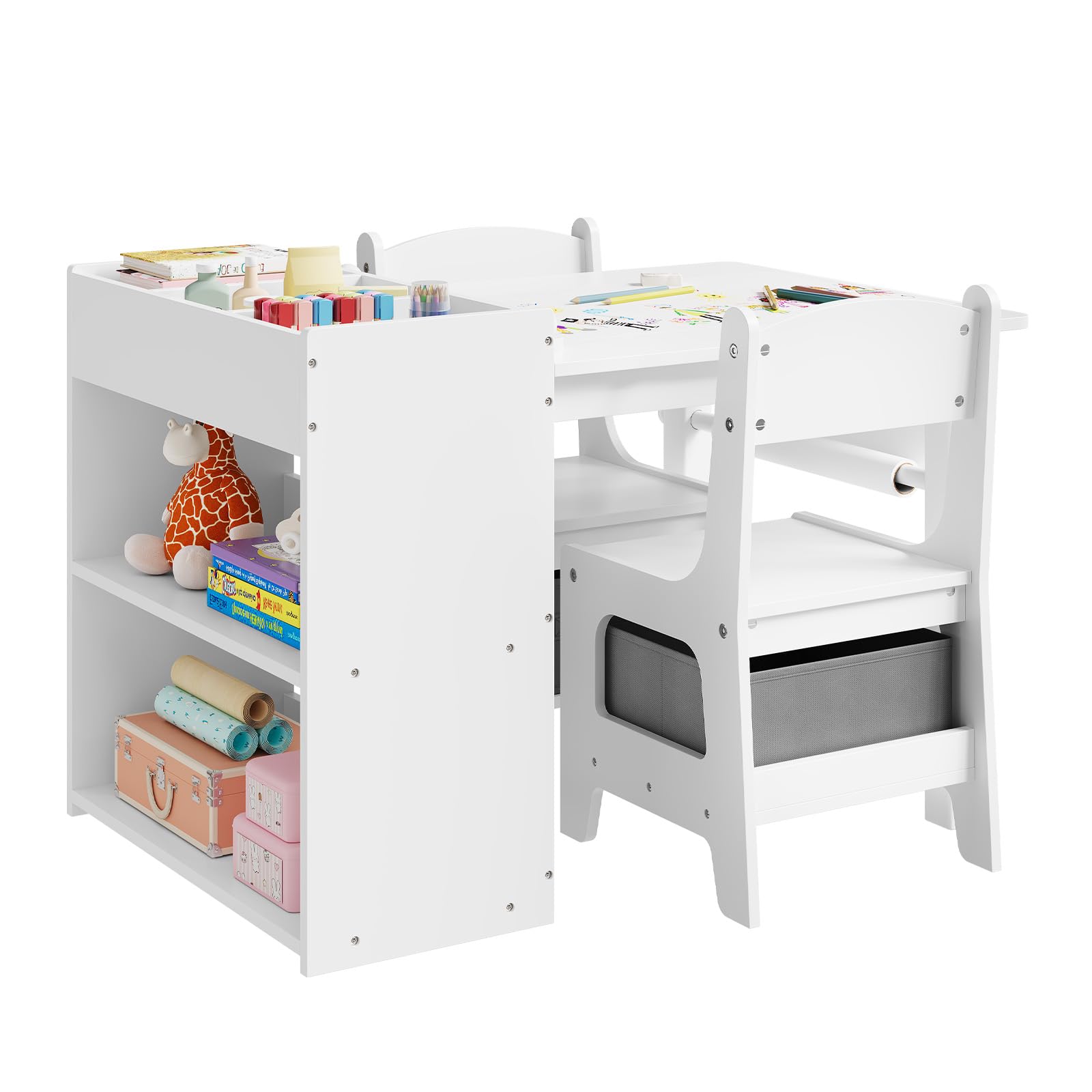 WOLTU Mesa Infantil con 2 Sillas, Blanco | Estantería de 3 Niveles, 1 Portarrollos, 2 Cajas de Tela, MDF