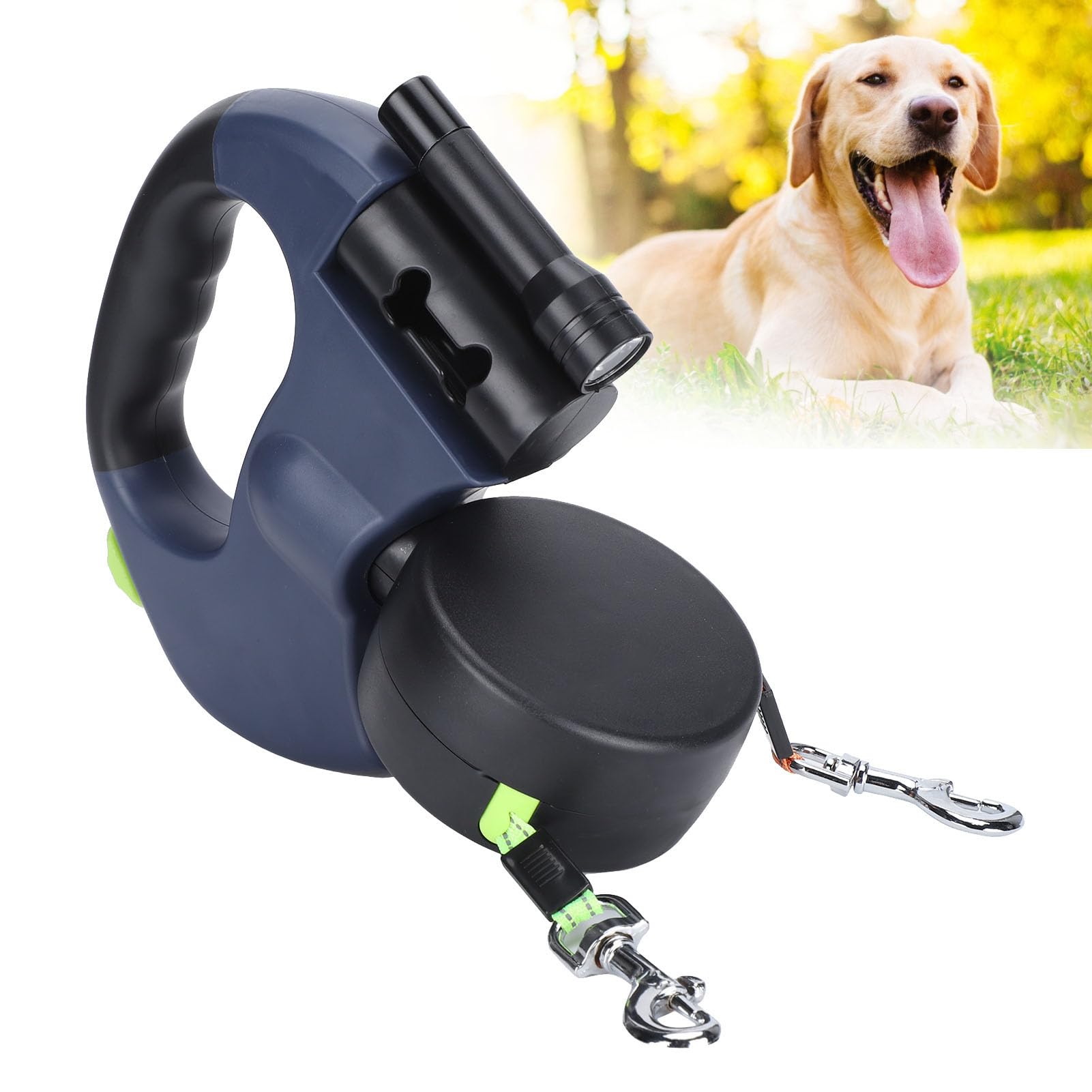 Doppelte Einziehbare Hundeleine, Strapazierfähig, Flexible Einziehbare Hundeleine Doppelleine Zwei Hunde mit LED Licht und Müllbox für Kleine und Mittelgroße Hunde