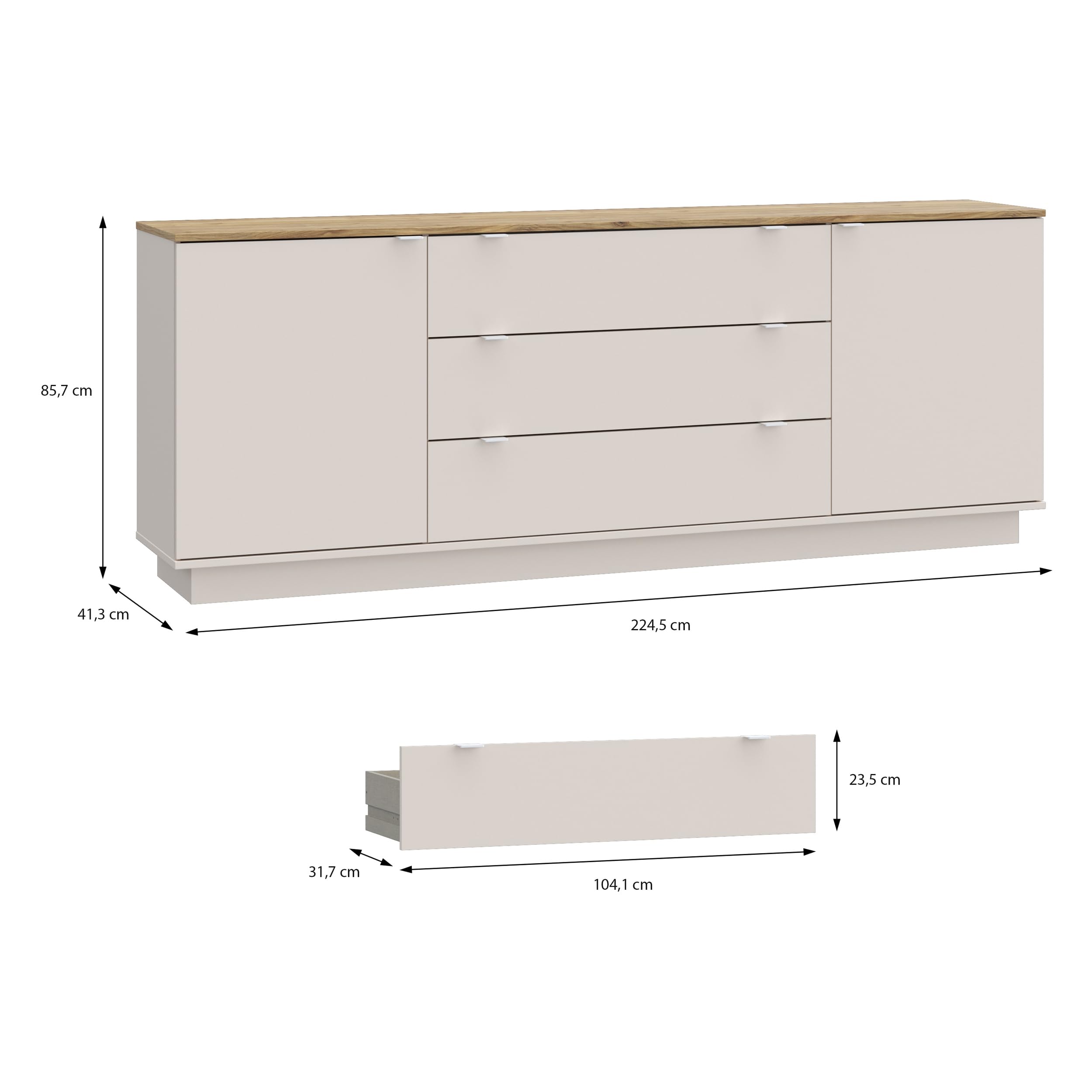Forte GANYMEDE Sideboard 230, minimalistisches Sideboard, 2-türig, 3 Schubladen, Holzwerkstoff, Wohn-/Schlafzimmer, Mauvella Eiche Holzdekor|Kaschmirbeige, 224,5 cm breit x 85,7 cm hoch x 41,3 cm tief