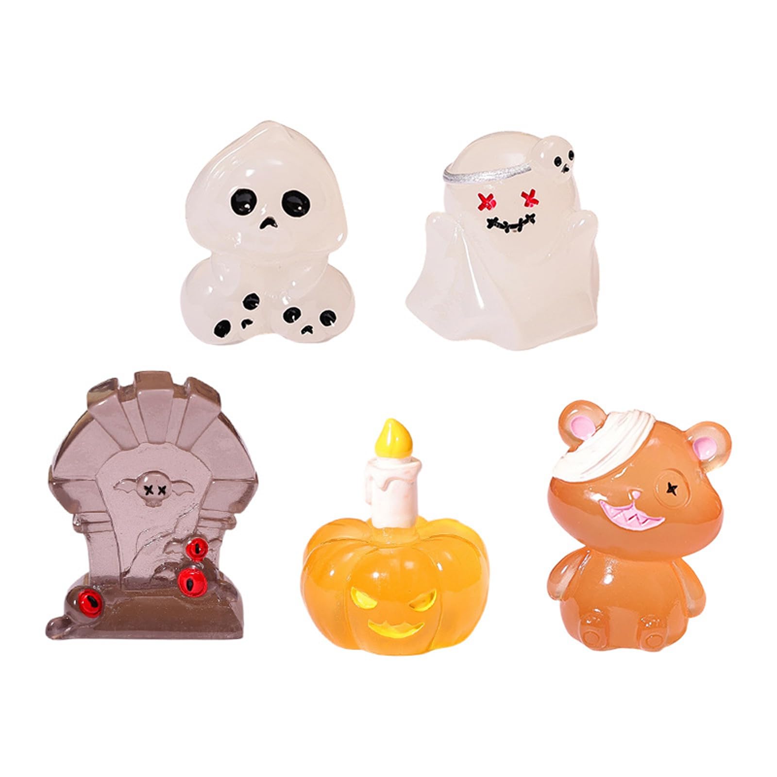 Pangboer Multicolor Fall Party Table Halloween Figurine Bundle Seasonal Character Assortment, Five Small Pumpkin Tombstone Mummy Pieces For Shelf Desk Dashboard Arrangement Halloween Minis Ghosty Figures Luminescent Desk
