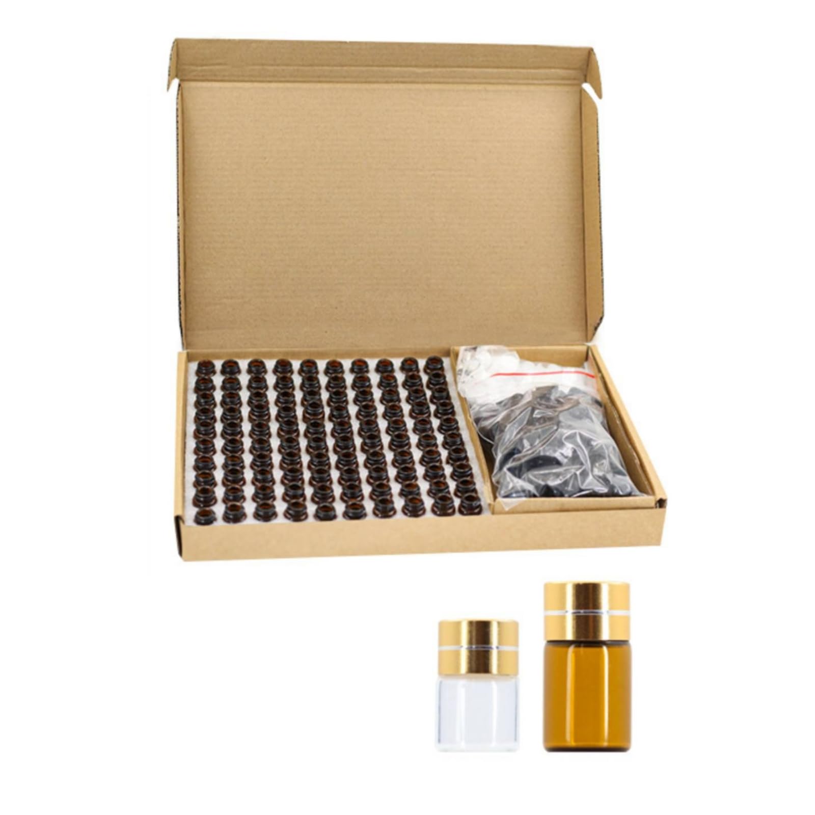 100 Pezzi Flaconcino in Vetro Vuoto Flaconcino Riutilizzabile Flacone con Etichetta per Campionamento, 2ml, Bottiglia Color Ambra Con Tappo Dorato Tagliato E Tappo Integrato