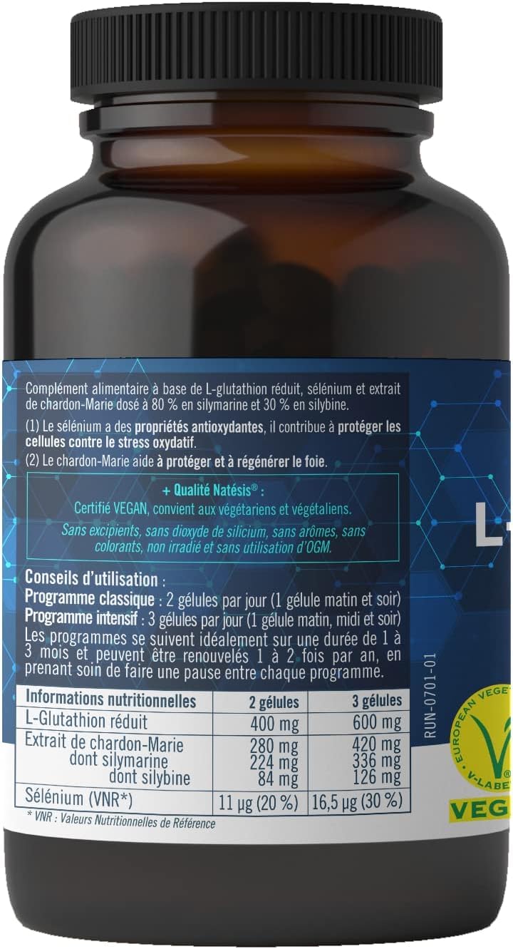 NATESIS – ANTIOXYDANT & DETOX - L-Glutathion RÉDUIT à 98% - Chardon-Marie Silymarine 80% - Sélénium - Détoxifie Foie Corps - Protège Régénère Beauté de la Peau - VEGAN - Fabriqué en France