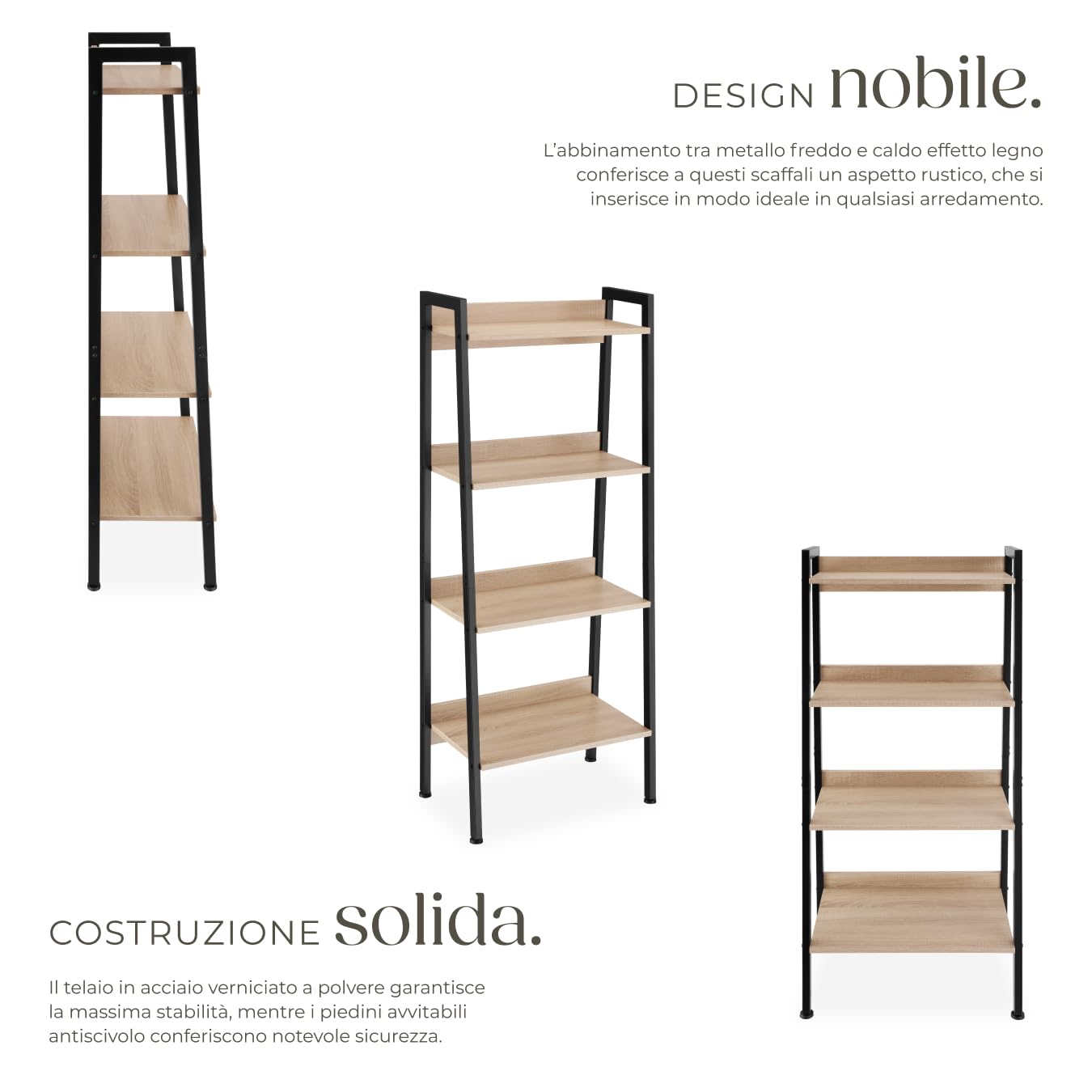 tectake® Scaffale a Scala, Libreria Verticale con 4 Ripiani, Struttura in Acciaio porta libri, Libreria Verticale, Facile Montaggio - 57,5x34x138 cm - Legno industriale chiaro