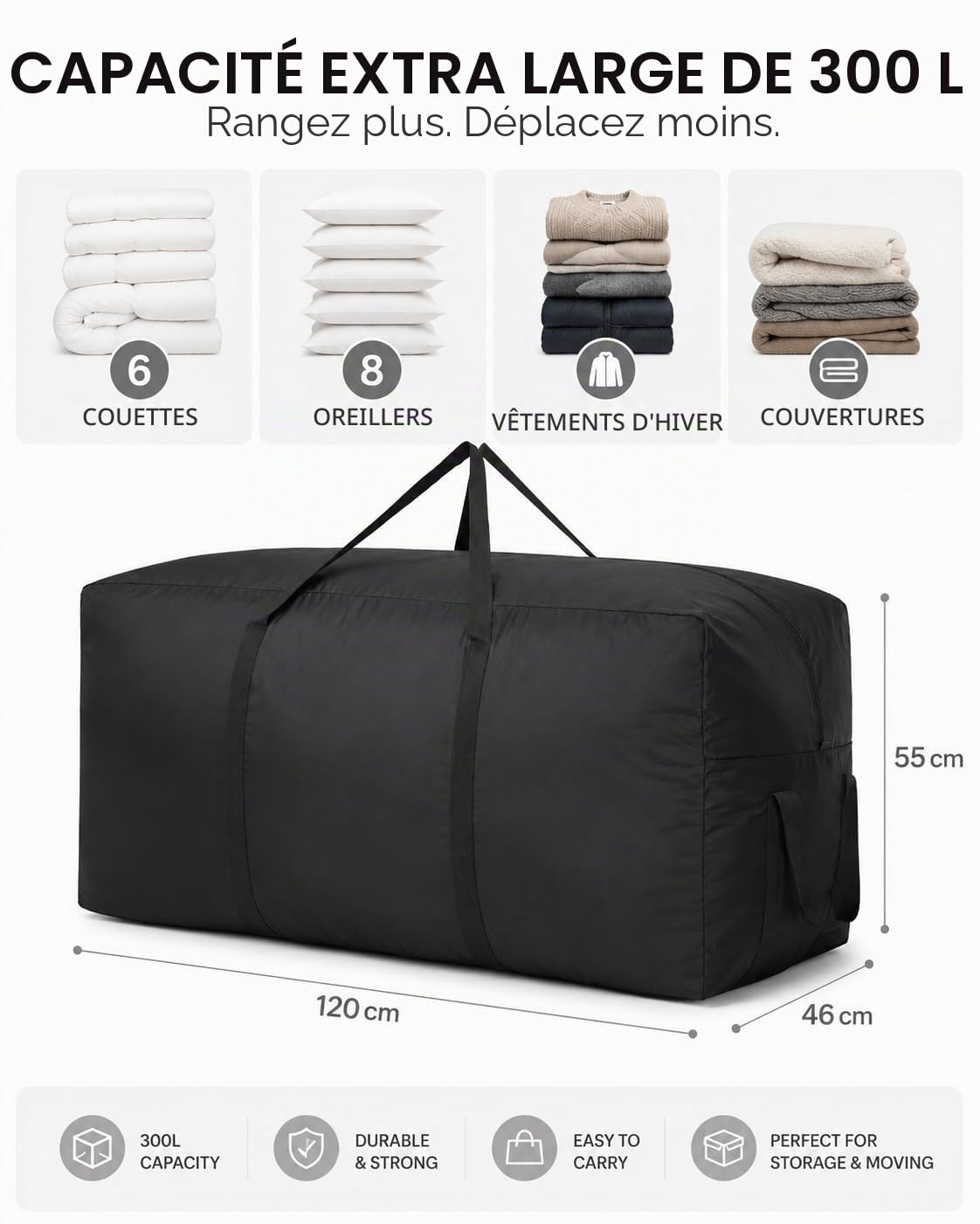 300L Sac de rangement extra grand, 600D Oxford Sacs de rangement robustes, sac de déménagement à poignées renforcées pour articles de literie, couvertures, sapins de Noël, housses de jardin
