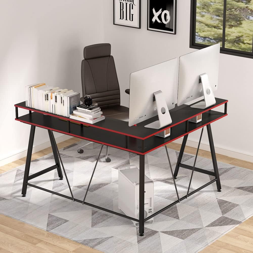 Tribesigns L-Shaped Desk in a home office setting with two monitors and a chair.