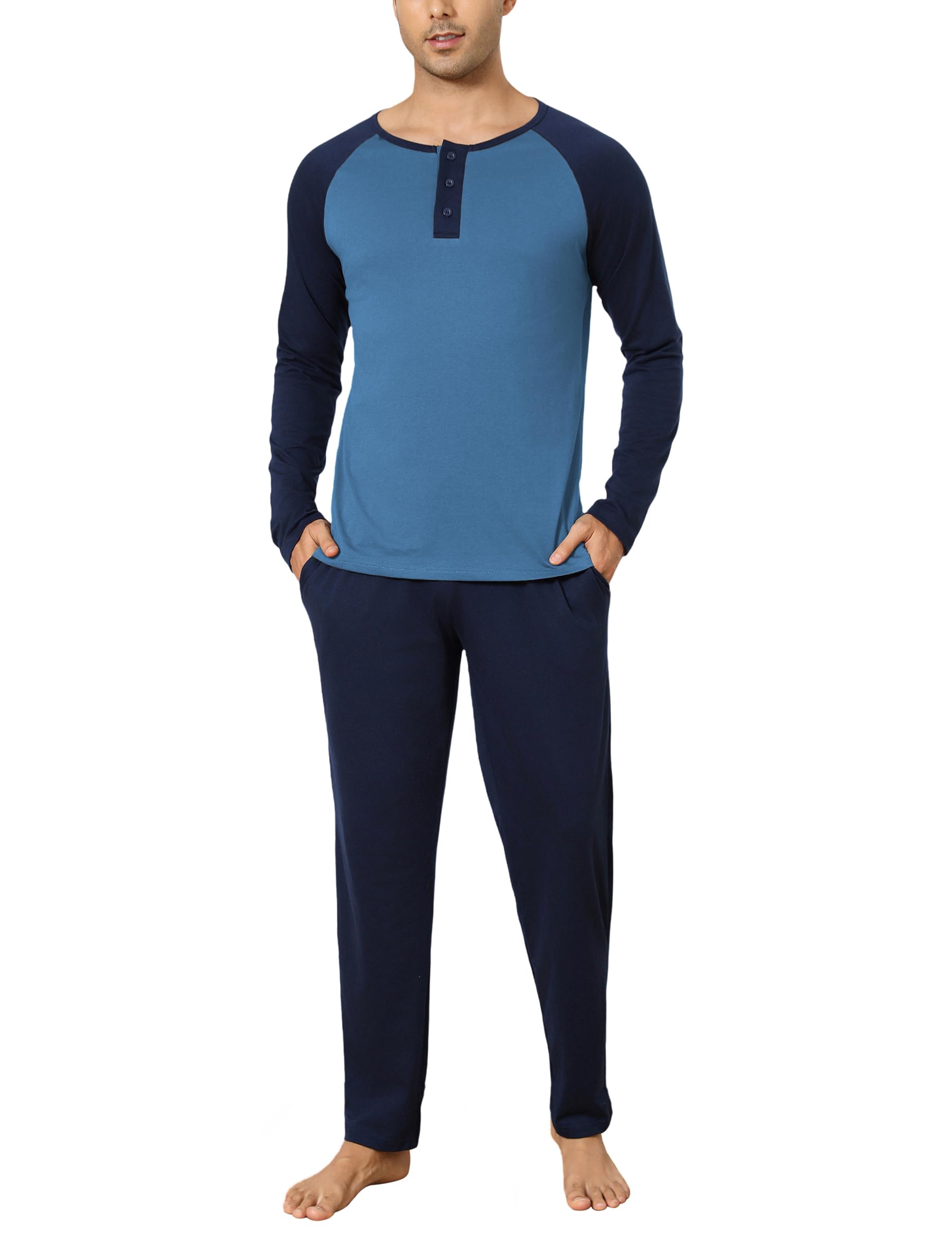 Aseniza Herenpyjama voor de winter, katoen, lange mouwen, tweedelig, licht, elegant, Marineblauw 1, L