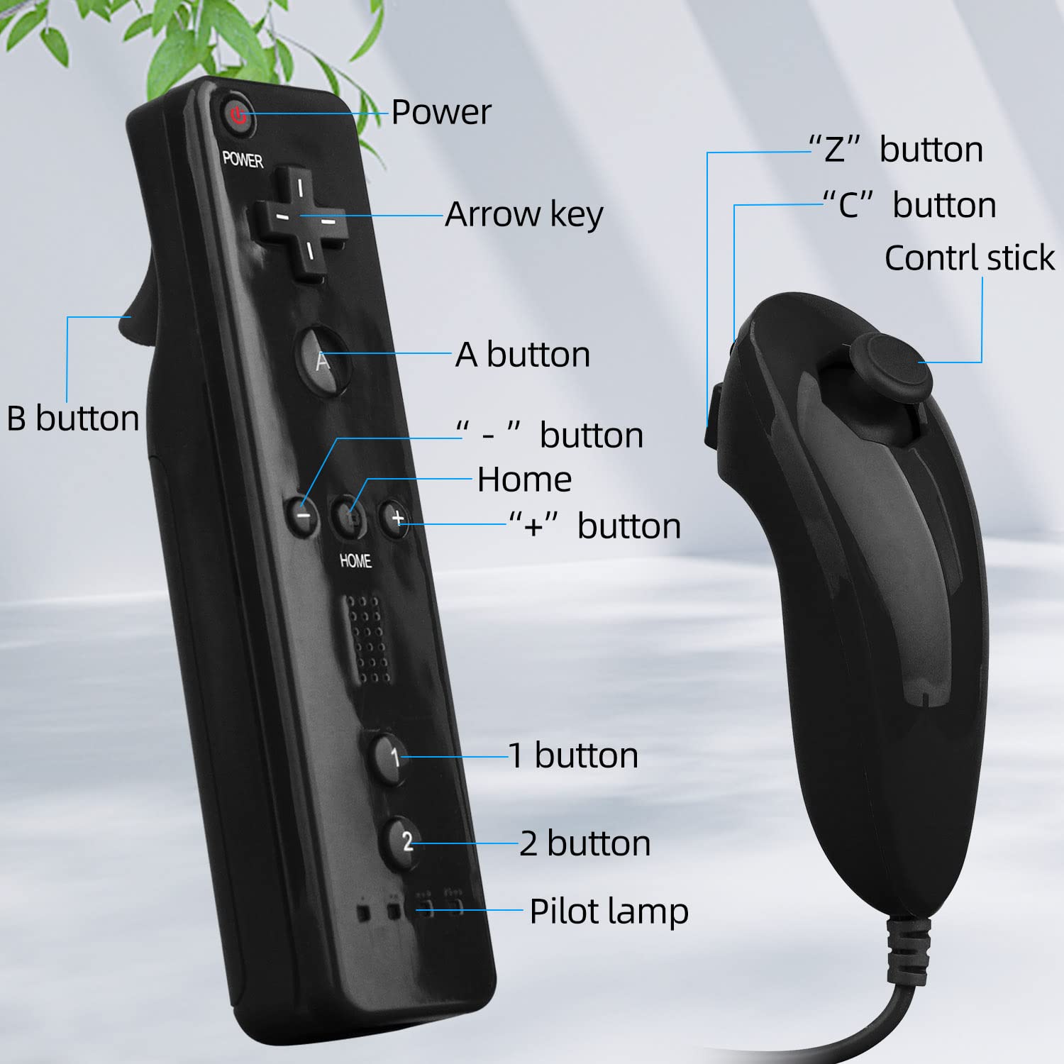 OSTENT Telecomando per sensore di movimento + Wired Nunchuck Combo compatibile per console Nintendo Wii Colore nero