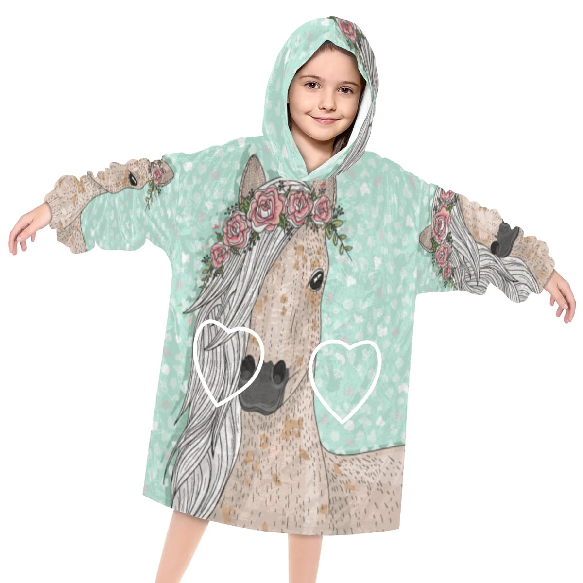 Pardick Wearable Blanket Hoodie for Kids, Flowers Horse Fleece Sweatshirt Blanket Oversized Blanket Sweatshirt with Pocket Flannel Warm Hooded Blanket 6-10 Year Old Girl Boy Gift, One Size