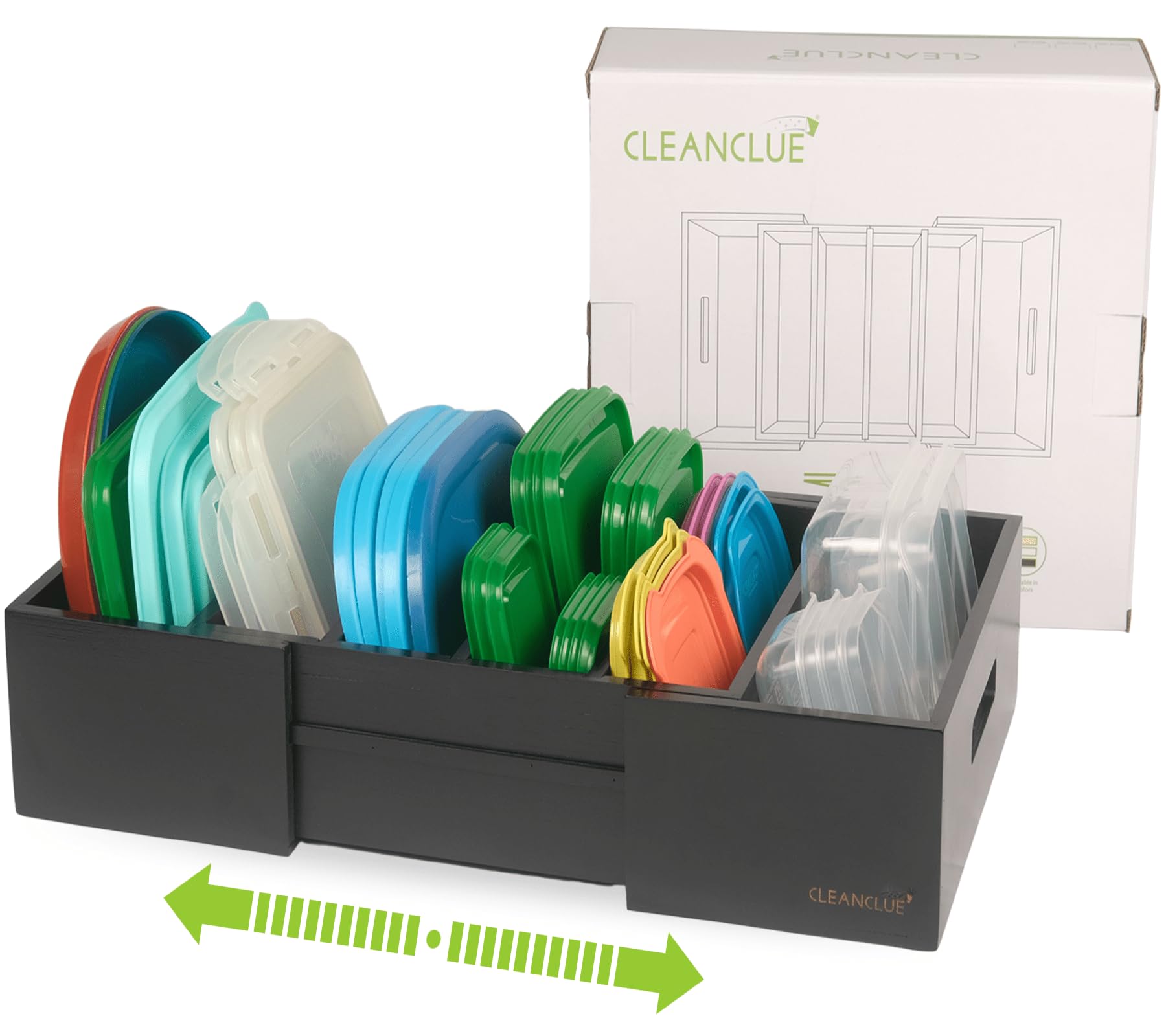 Expandable Kitchen Cabinet Organizer for Food Storage Container Lids, Bamboo Drawer Caddy Adjustable Dividers, Box for Kitchen Storage and Organization, Lids Organizer for Cabinet (Black)