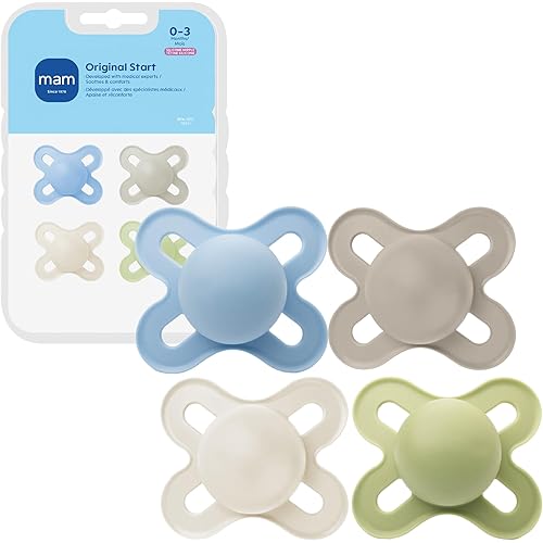 MAM Original Start Baby Pacifiers 0-3 Months, BPA-Free Skin Soft Silicone Nipple, Glows in The Dark, Developed with Medical Experts Specially for Smaller Newborn Mouths, 4 Pk, Made in Europe