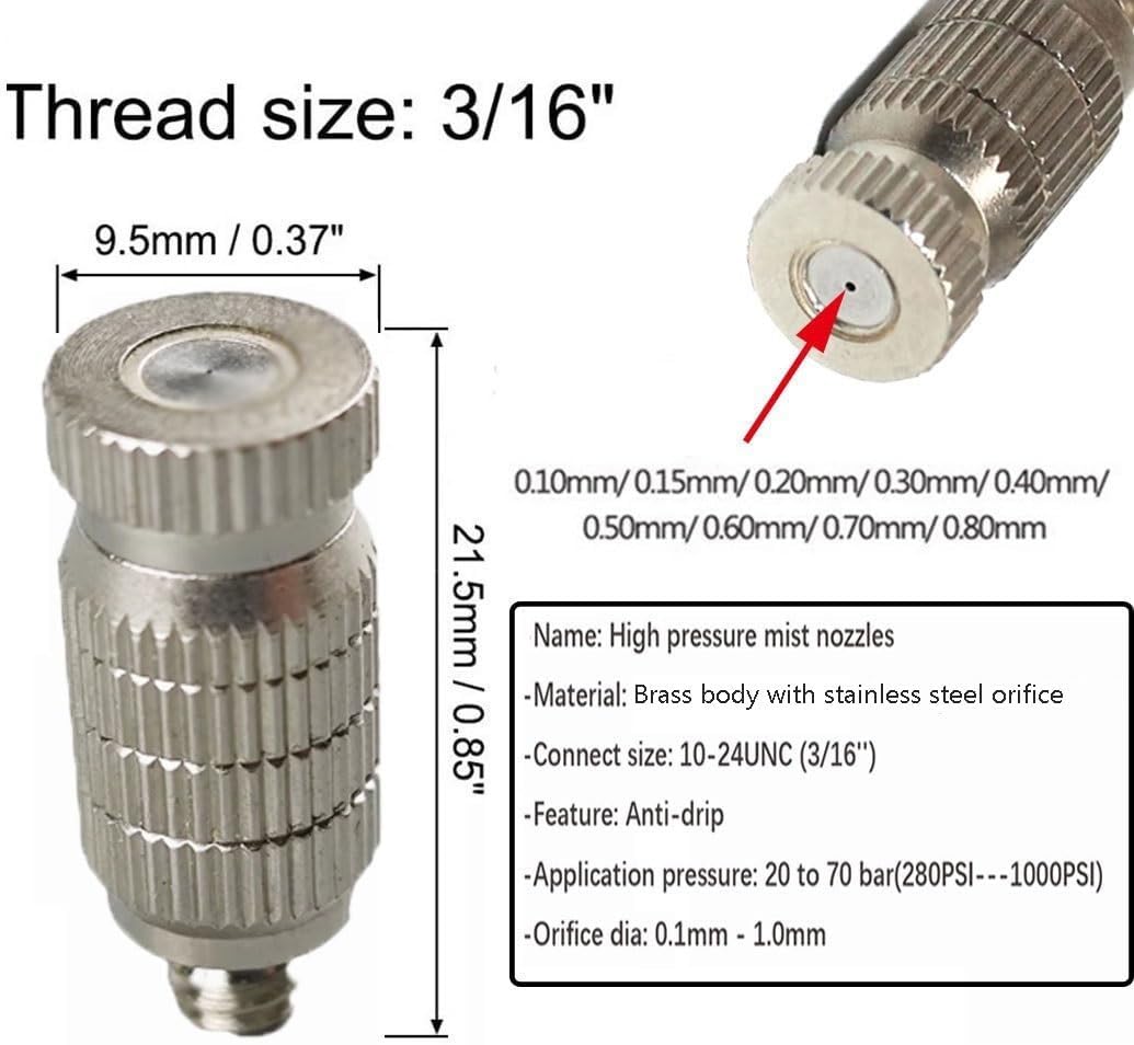 GQQGSHOP 50pcs G3/16 Misting Nozzle Kit for Cooling System, High Pressure Brass Mister Nozzles, Anti-drip Fogging Spray Head for Landscaping, Air Humidification(0.3mm)