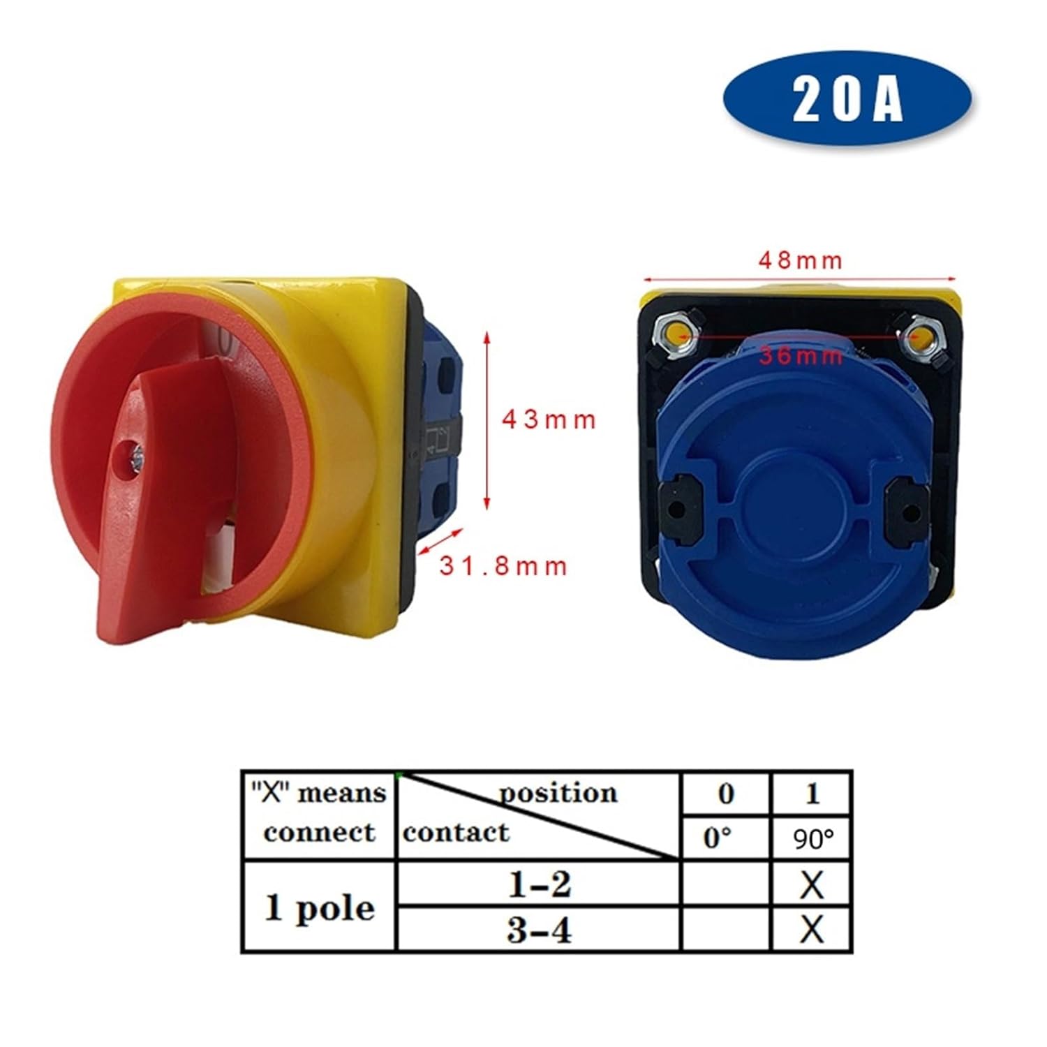 690V 20A Padlock Rotary Cam Switch Off-ON 2 Position 1 Pole YMW26 LW26GS-20/1 1Pcs