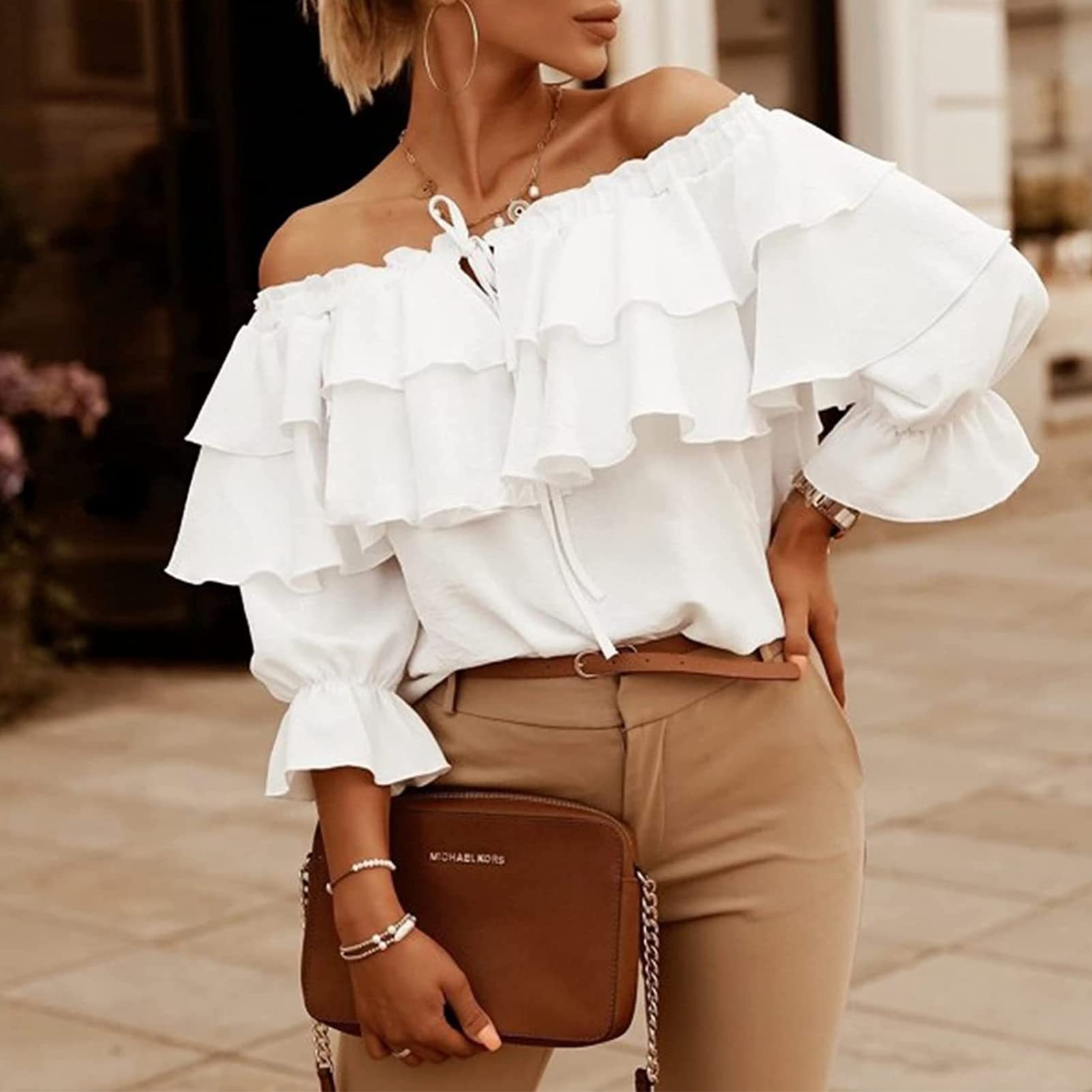 GOTOTOP Schulterfrei Oberteile 3/4 Geschichtete Rüschenärmel Rückenfrei T-Shirts Bluse Tops(L-Weiß)