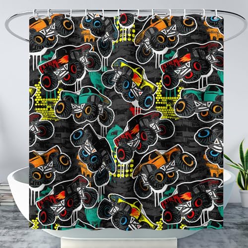 AILONEN Cool Monster Truck Shower Curtain for Bathroom Decor,Jam Truck Bath Curtain for Kids Boys Teen,Colorful Cartoon Print Curtain Waterproof with 12 Plastic Hooks,72