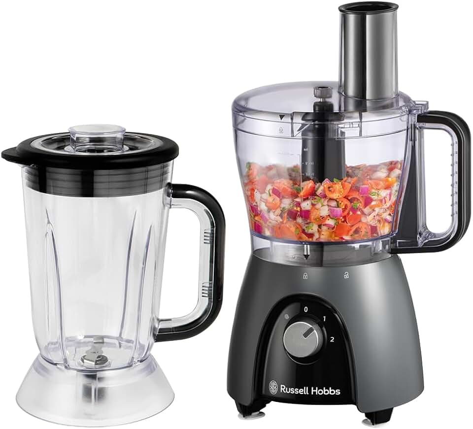 Russell Hobbs Procesador de alimentos, batidora/picadora/molinillo/cortador de verduras en rodajas, con jarra, amasa, cortar en rodajas, pica y ralla, 900 W max, Desire Matte Charcoal 27111-56