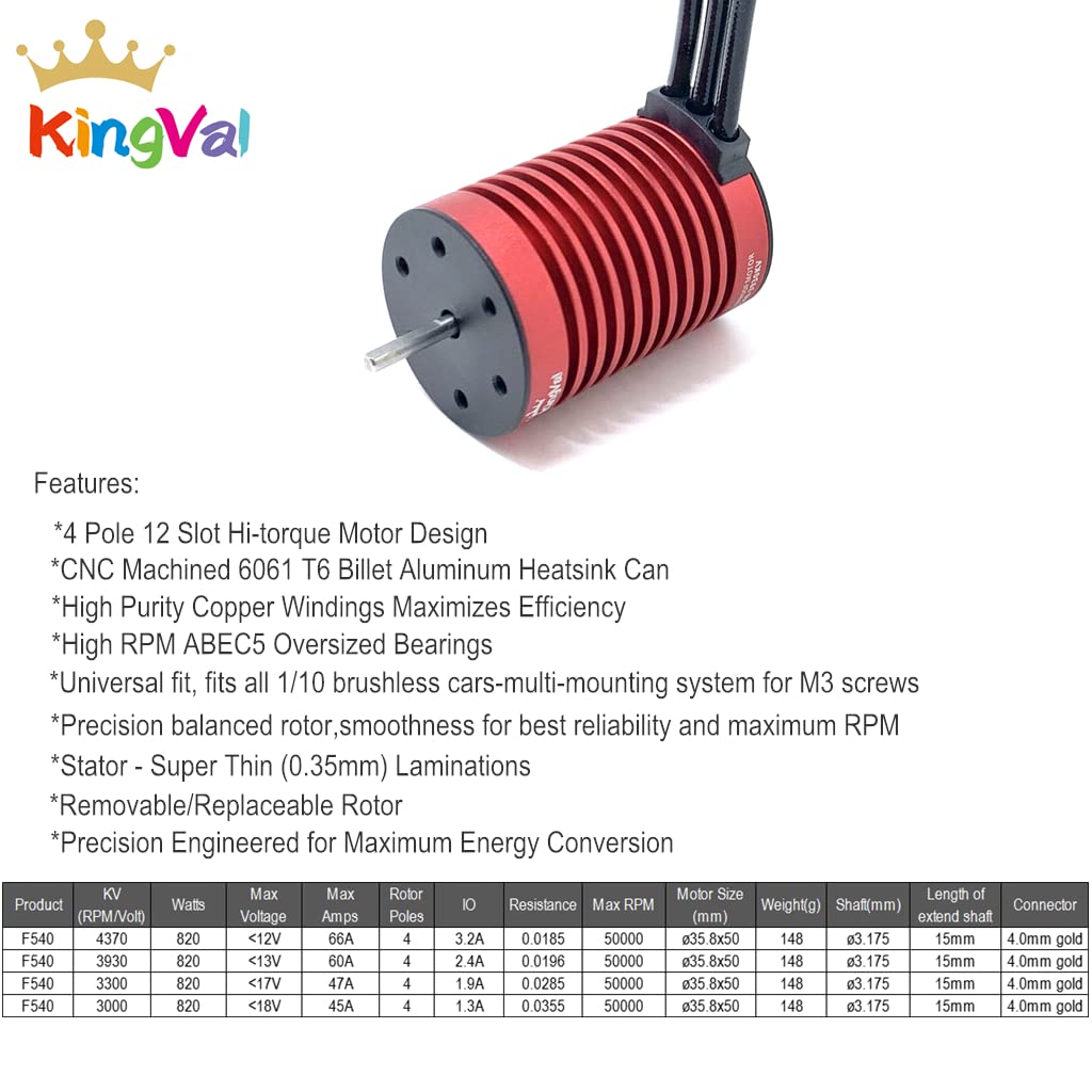 KingVal Replacement F540 4370KV Waterproof Brushless Motor Shaft 3.175mm Compatible with 1/10 RC Car