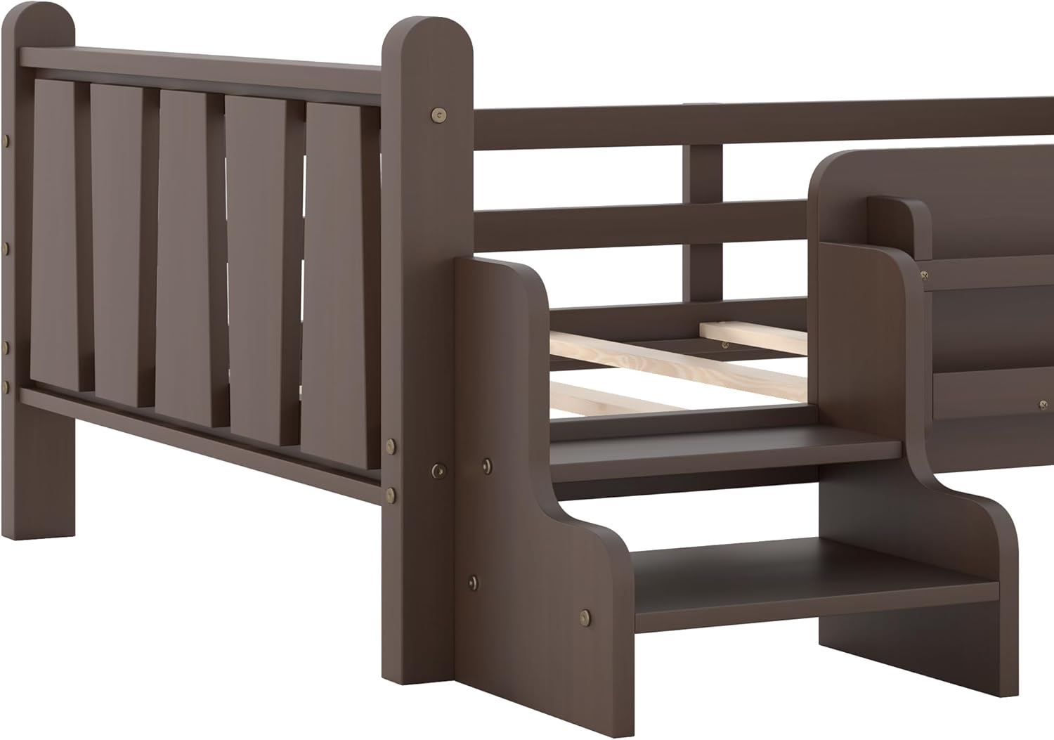 LUMISOL Twin Size Platform Bed Frame for Kids, Solid Wood Bed Frame with Bookshelves and Stairs, No Box Spring Needed, Espresso