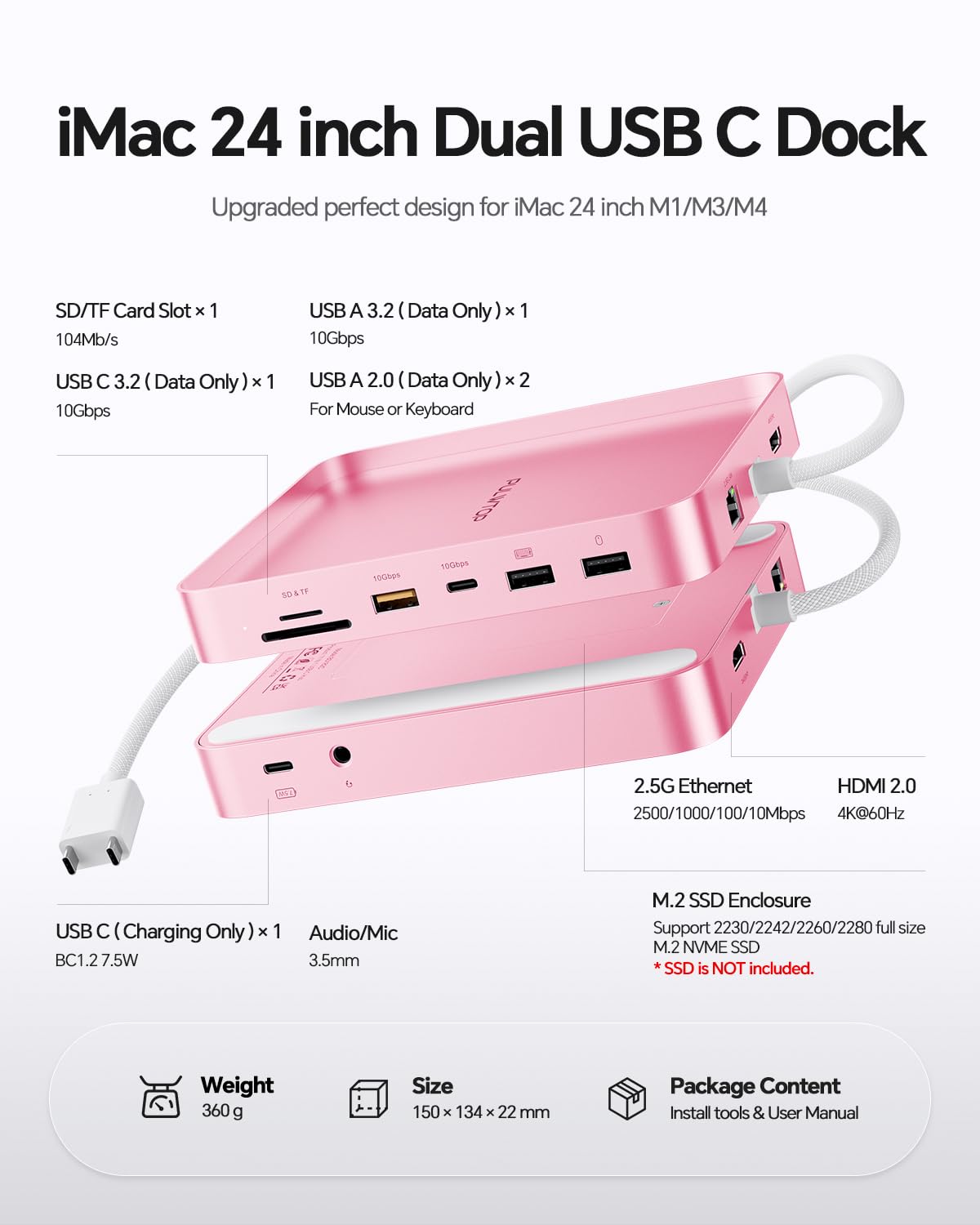 Koncentrator USB C 11 w 1 do iMac 24" M1/M3/M4 z obudową NVMe 4TB SSD | PULWTOP Koncentrator iMac z 4K 60Hz HDMI, 2,5 GbE, USB A/C 10 Gbit/s, SD/TF, audio do iMac 24" 2021-2024 - różowy