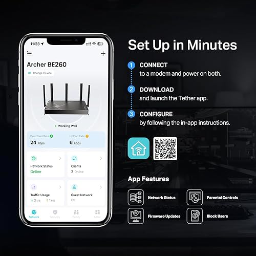 Miniatura 7 de TP-Link Router Archer BE260 de doble banda BE5000 WiFi 7  5-Stream 5Gbps  1×2.5G WAN+1×2.5GLAN+3×1G Puertos, USB 3.0  5 antenas externas  Clientes