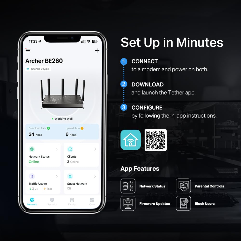 TP-Link Routeur Double Bande BE5000 WiFi 7 Archer BE260 | 5 Flux 5 Gbit/s | 1 × WAN 2,5 G + 1 × 2,5GLAN + 3 Ports 1G, USB 3.0 | 5 antennes externes | Clients et serveurs VPN | Easy-Mesh, HomeShield