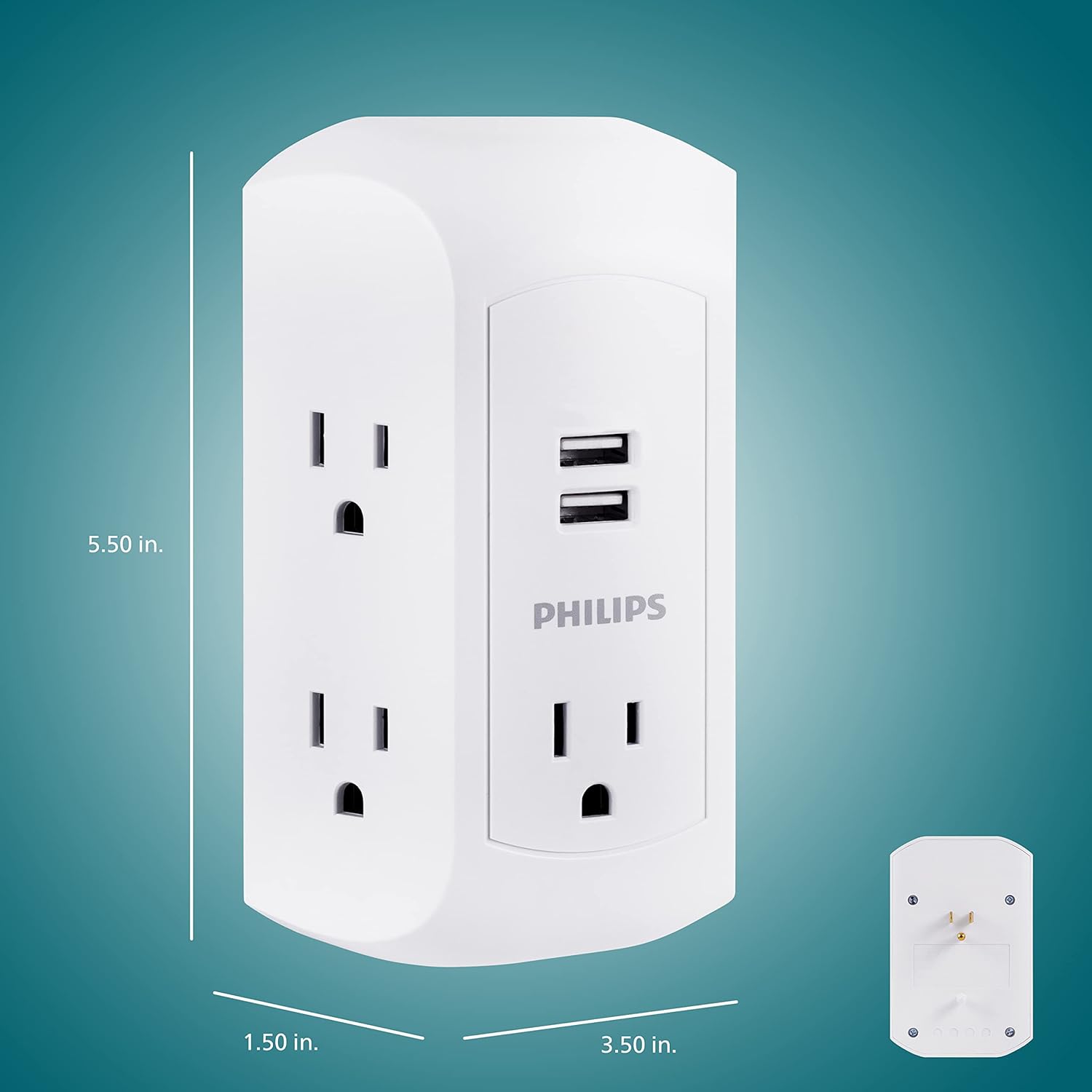 Philips 5-Outlet Extender, Grounded Wall Tap, 3-Prong, 2 USB-A, Surge Protector, Adapter Spaced Outlets, Side Access, 560 Joules, Quick and Easy Install, White, SPS5002WA/37
