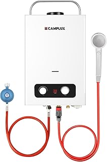 CAMPLUX BD158-DE Gas-Durchlauferhitzer mit Griff, 6 Liter, LPG-Durchlauferhitzer für Campingdusche/Wohnwagen/Waschpferd, 50 mbar