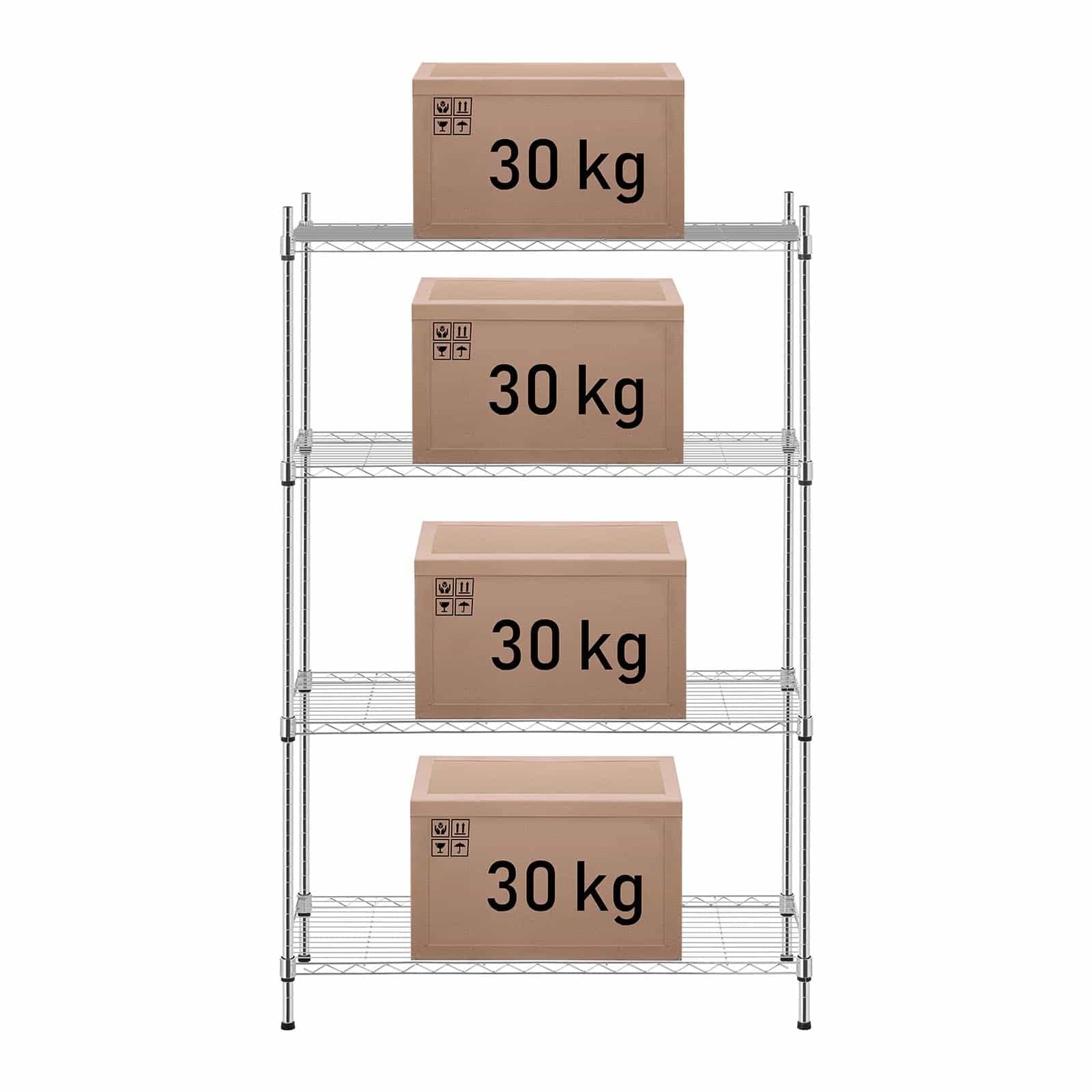 Royal Catering Scaffale Metallico Componibile Scaffalatura in Metallo RCMR-1370P19 (4 Ripiani, 120 kg, Metallo Cromato, Plastica)