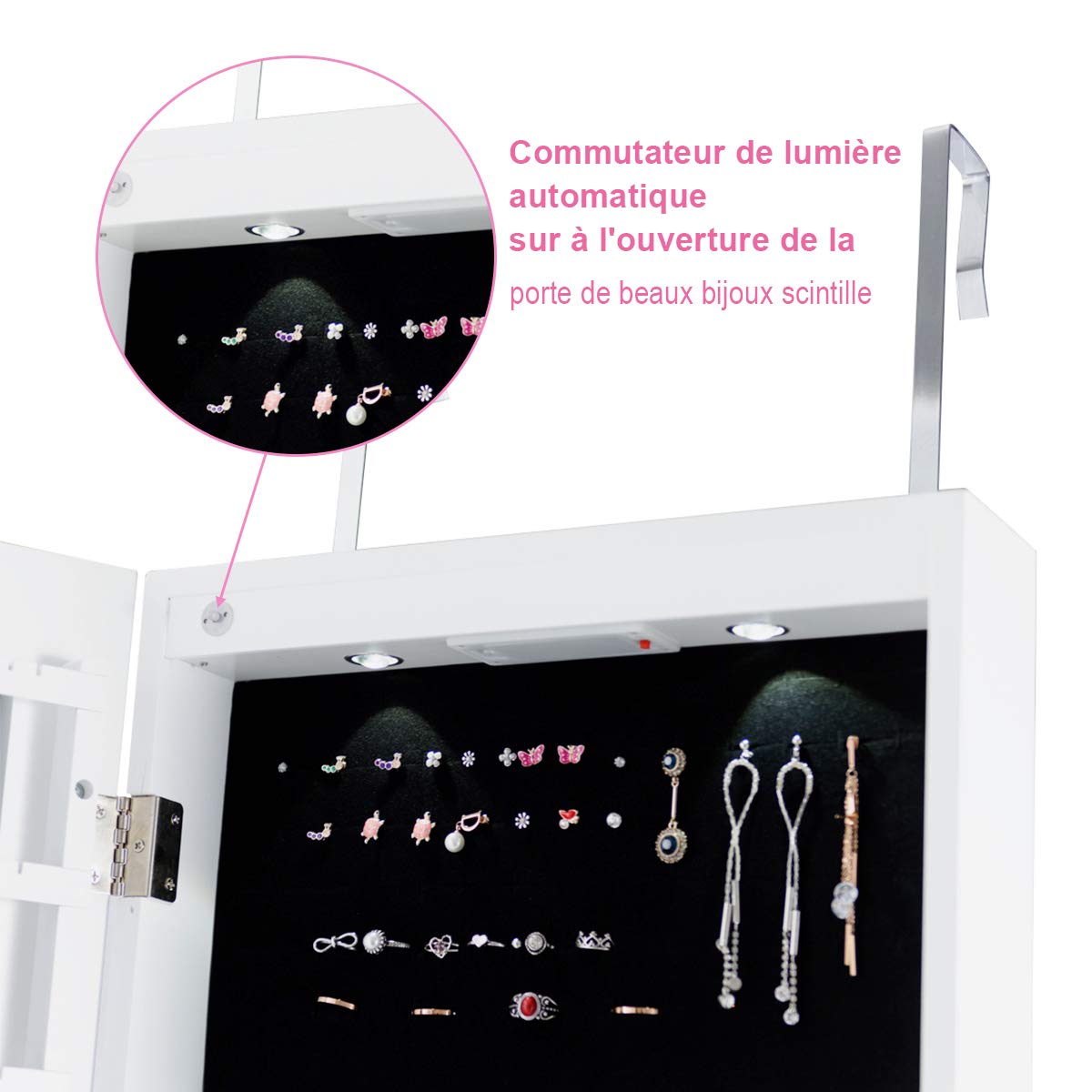COSTWAY Armoire à Bijoux Mural avec Miroir et Lumière LED Armoire de Rangement Accrochée à La Porte 120 x 36 x 10 cm (Blanc)