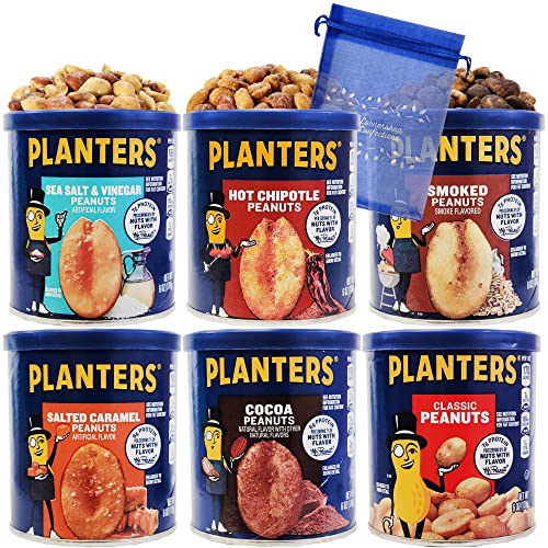 Planters Flavored Peanuts Lover's 6 Flavor Variety Pack - Salted Caramel, Cocoa, Smoked, Sea Salt And Vinegar, Hot Chipotle, And Classic - 6 6 Ounce Canisters - With Cornershop Confections Gift Bag #TOP21
