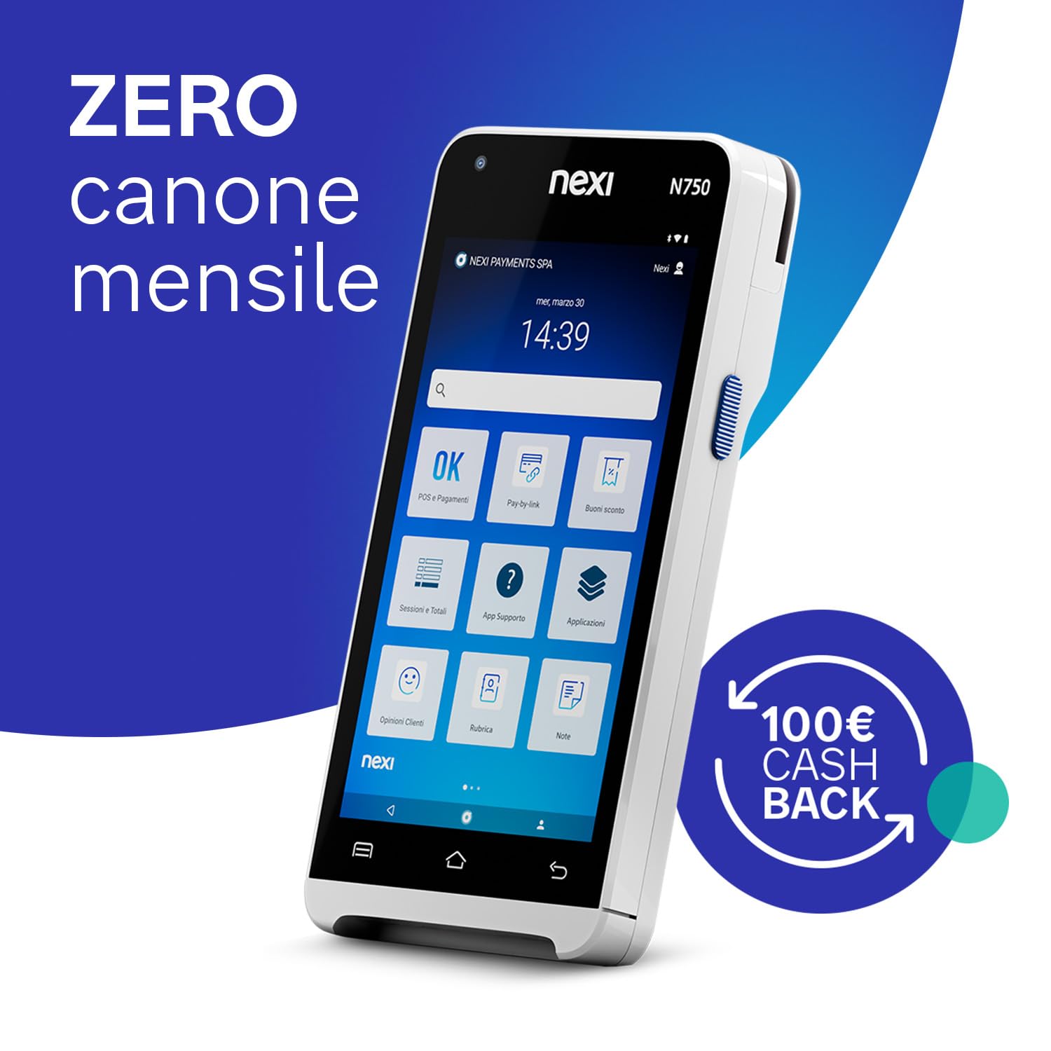Nexi SmartPOS Mini con Cassa Fiscale integrata, Canone Zero, Pos Portatile Contactless e Lettore Elettronico per Pagamenti con Bancomat, Carta di Credito, Prepagata, Apple Pay e Google Pay