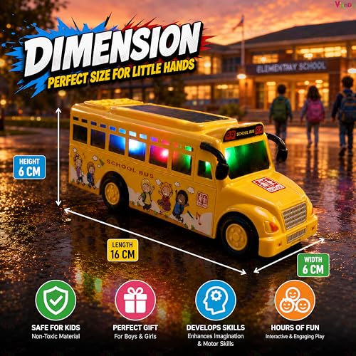 Image of VikriDA Friction Powered School Bus Toy for Kids | Light & Sound Battery Operated Vehicle with LED Effects