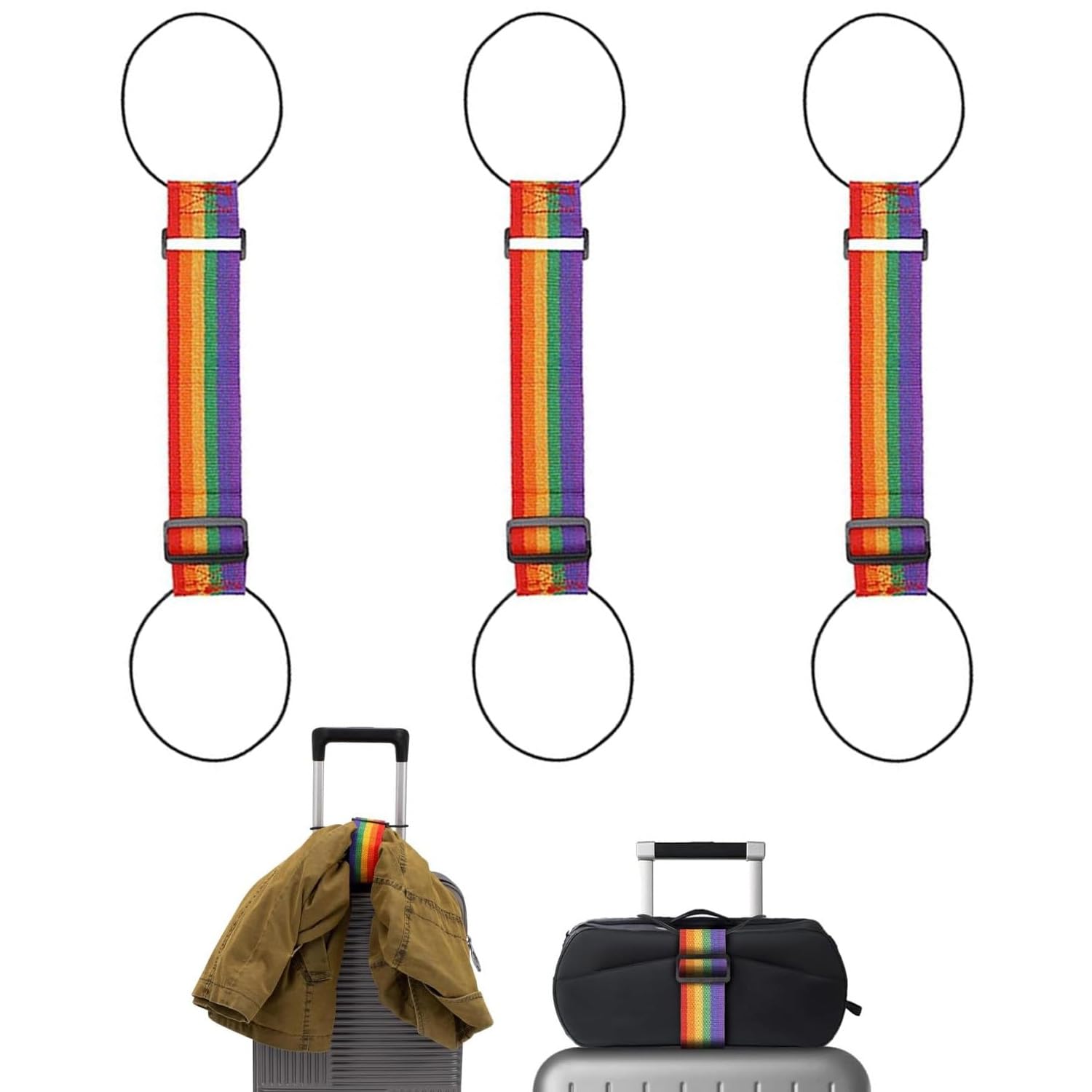 Luggage Strap Set 3 Pcs, Adjustable Rainbow Suitcase Belt with Elastic Loop, Travel Baggage Secure Strap for Trolley Bags, Stretchable Nylon Luggage Binder for Travel Accessories-image-32