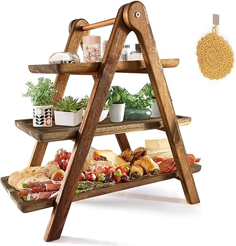Bandeja de madera de acacia duradera con paño para una fácil limpieza, bandeja de servir de 3 niveles, tablas de embutidos, tabla de carne y queso