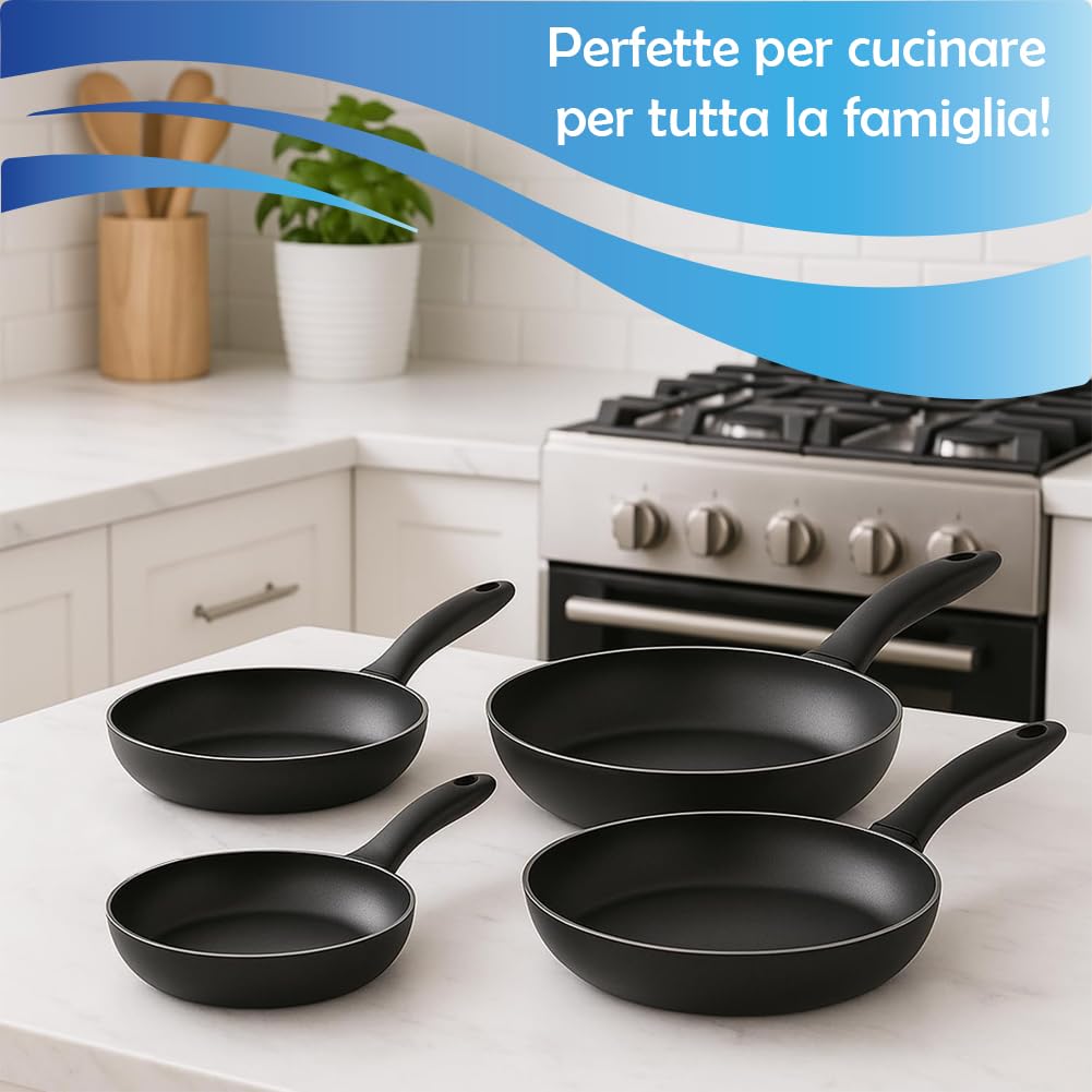 BAKAJI Lot de 4 poêles volcano diamètre 16-20 – 24-28 cm Made in Italy, revêtement antiadhésif PFOA libre, cuisson homogène, poignée thermique cool et Soft Touch, idéal pour cuisinières à gaz