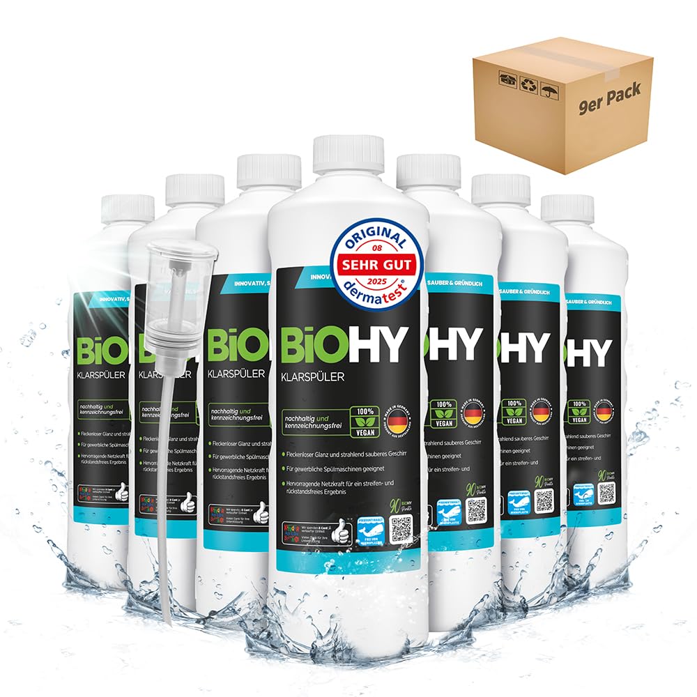 BiOHY Abrillantador (9 botellas de 1 litro) + Dosificador | Apto para todos los lavavajillas | para un brillo inmejorable en los vasos y platos sin manchas de agua (Klarspüler)