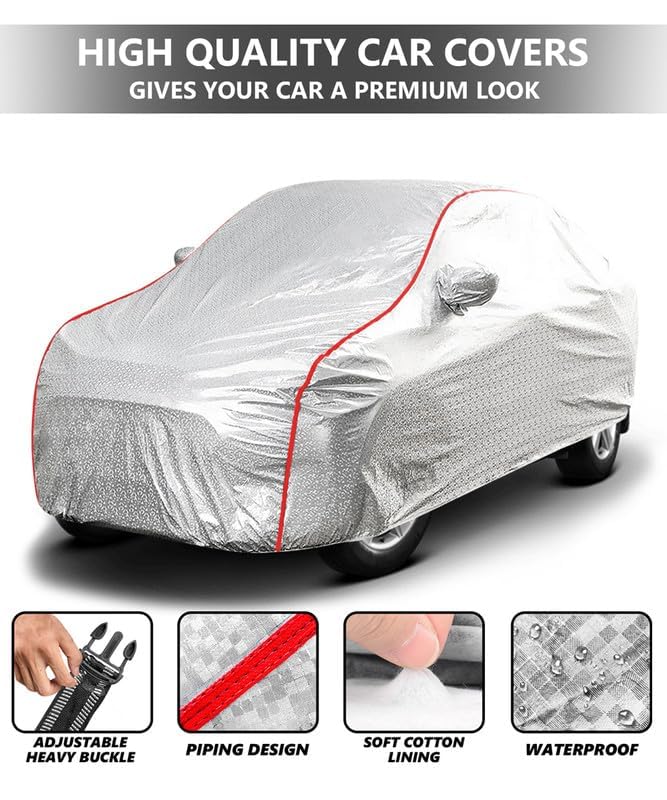 Image of PROTEGO All Weather Protection Car Cover for Thar Roxx | Anti Dust, 100% Waterproof, Durable Cover - Triple Stitched Elastic Grip with Mirror Pocket |(Metallic Silver with Red Piping)