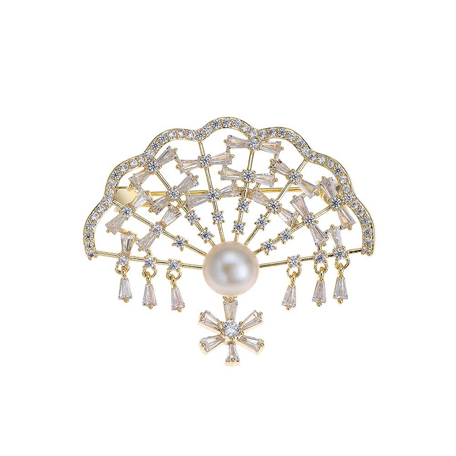 Vintage Broschen Pins für Frauen Mode Revers Pin Hohl Fan Form Brosche Pins mit Süßwasserperle, Messing, Zirkonia