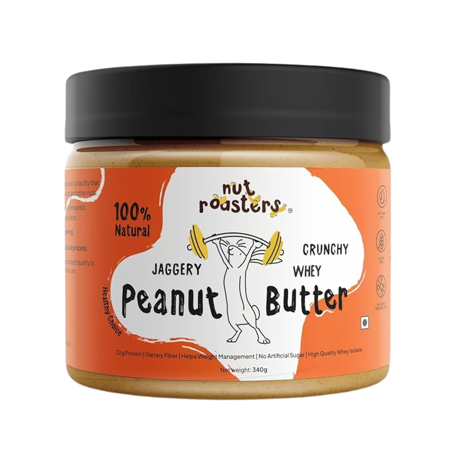 Nut Roasters Jaggery Peanut Butter Crunchy Jar 340g | High Protein | 32g Protein | Fully Roasted Peanuts with Whey | Gluten Free | No Refined Sugar | Tasty and Healthy Nut Spread for Breakfast