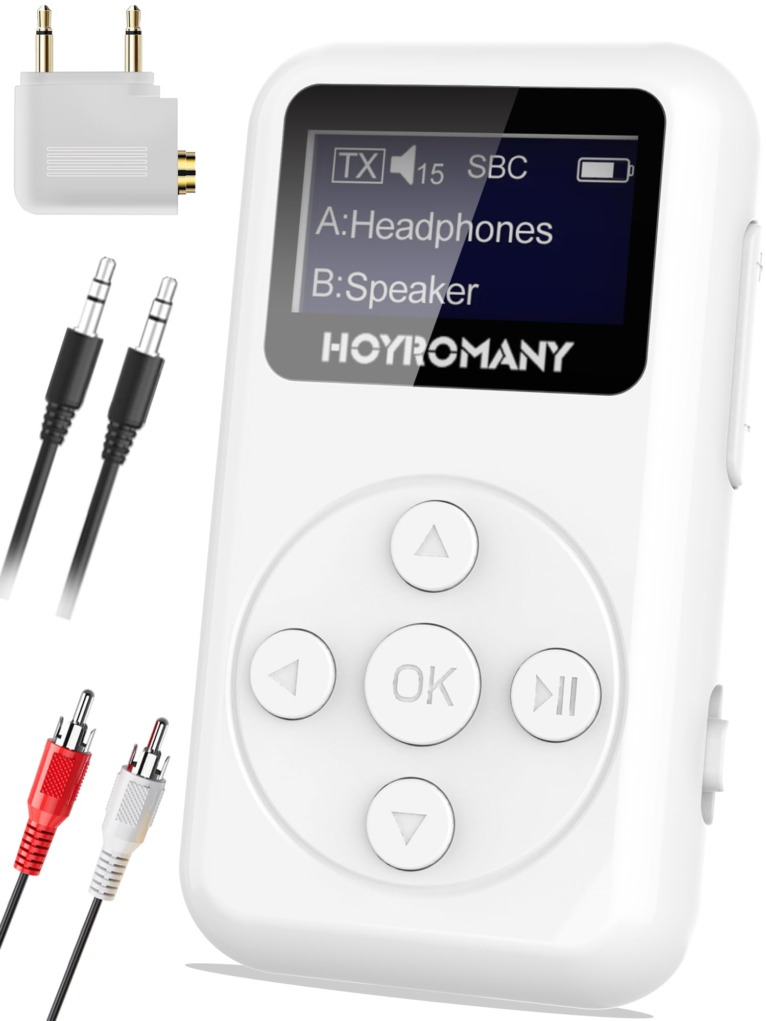Trasmettitore Ricevitore Bluetooth 5.3 con Schermo OLED, 2 in 1 Adattatore con Jack Aux 3,5mm, aptX Bassa Latenza, HD Audio con Batteria da 25 Ore per TV, Impianto Stereo, 2 Cuffie, Auto